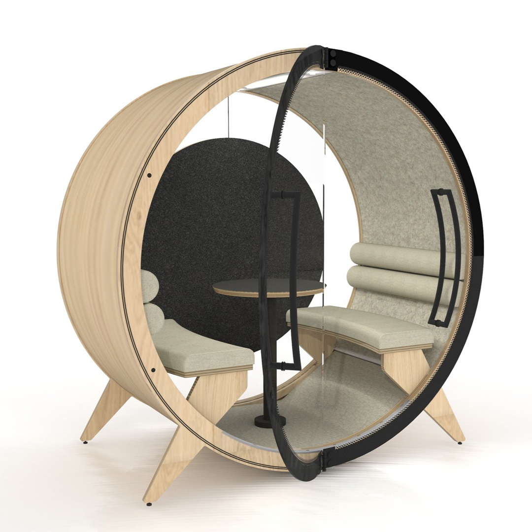 BlockO Quiet Four pod with two benches, a table and door for privacy