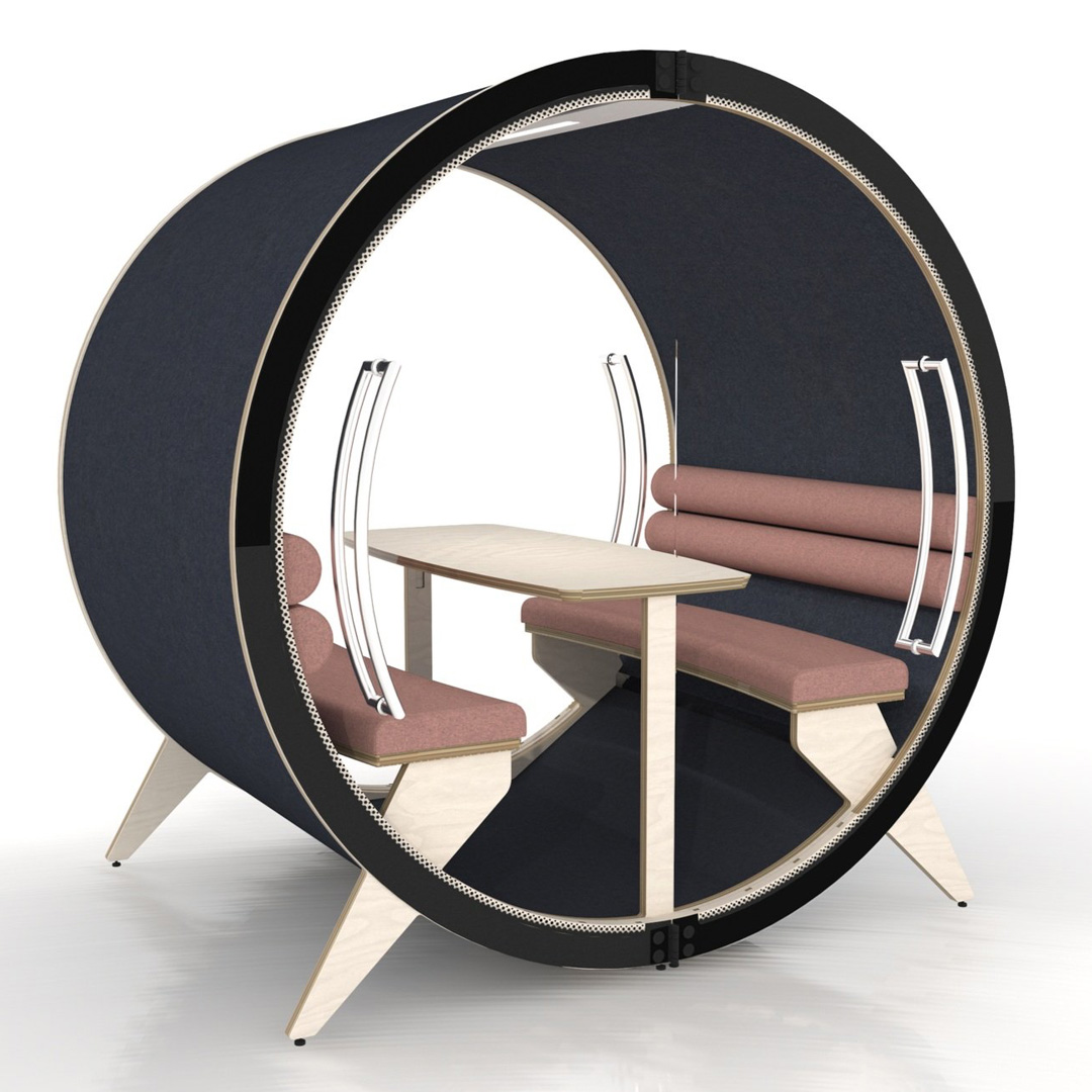 Blocks Quiet Sis pod with benches and table plus doors for privacy