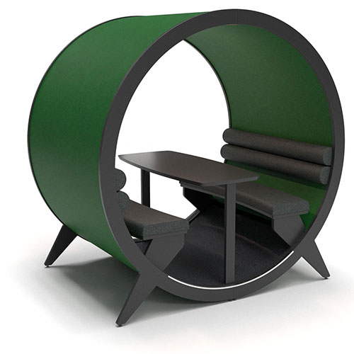 BlockO green pod with benches and table