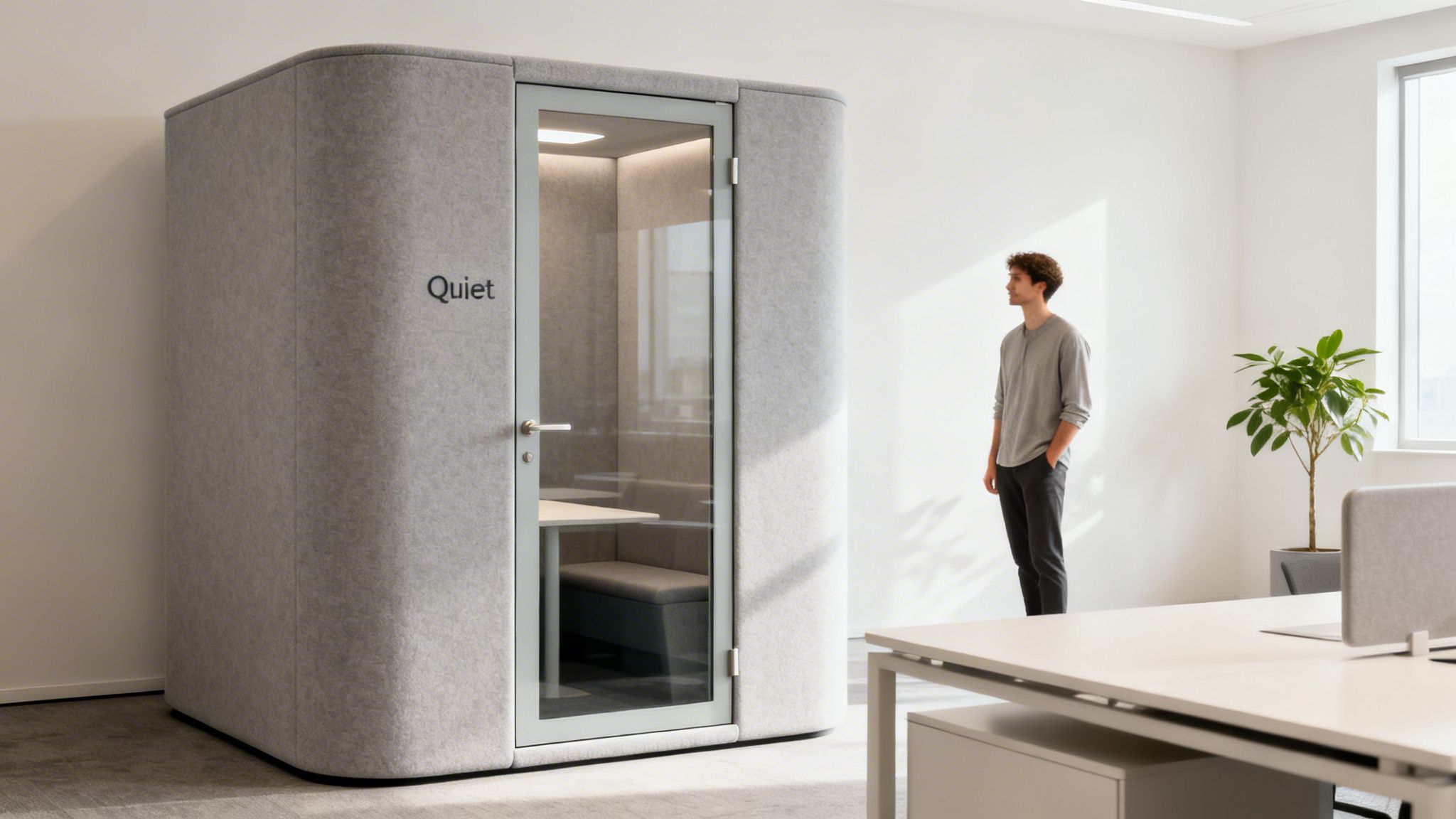 best-materials-for-sound-insulation-office-pod man looking at office pod with best materials for sound insulation