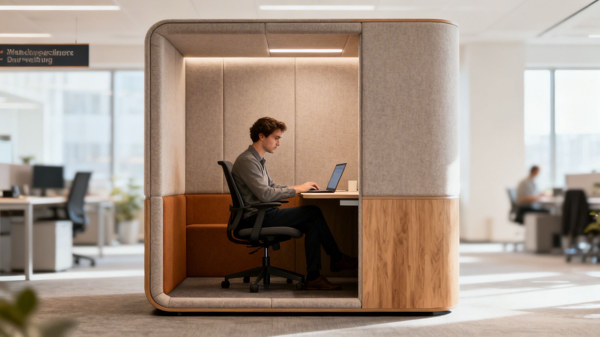 man seated on ergonomic chair in office pod