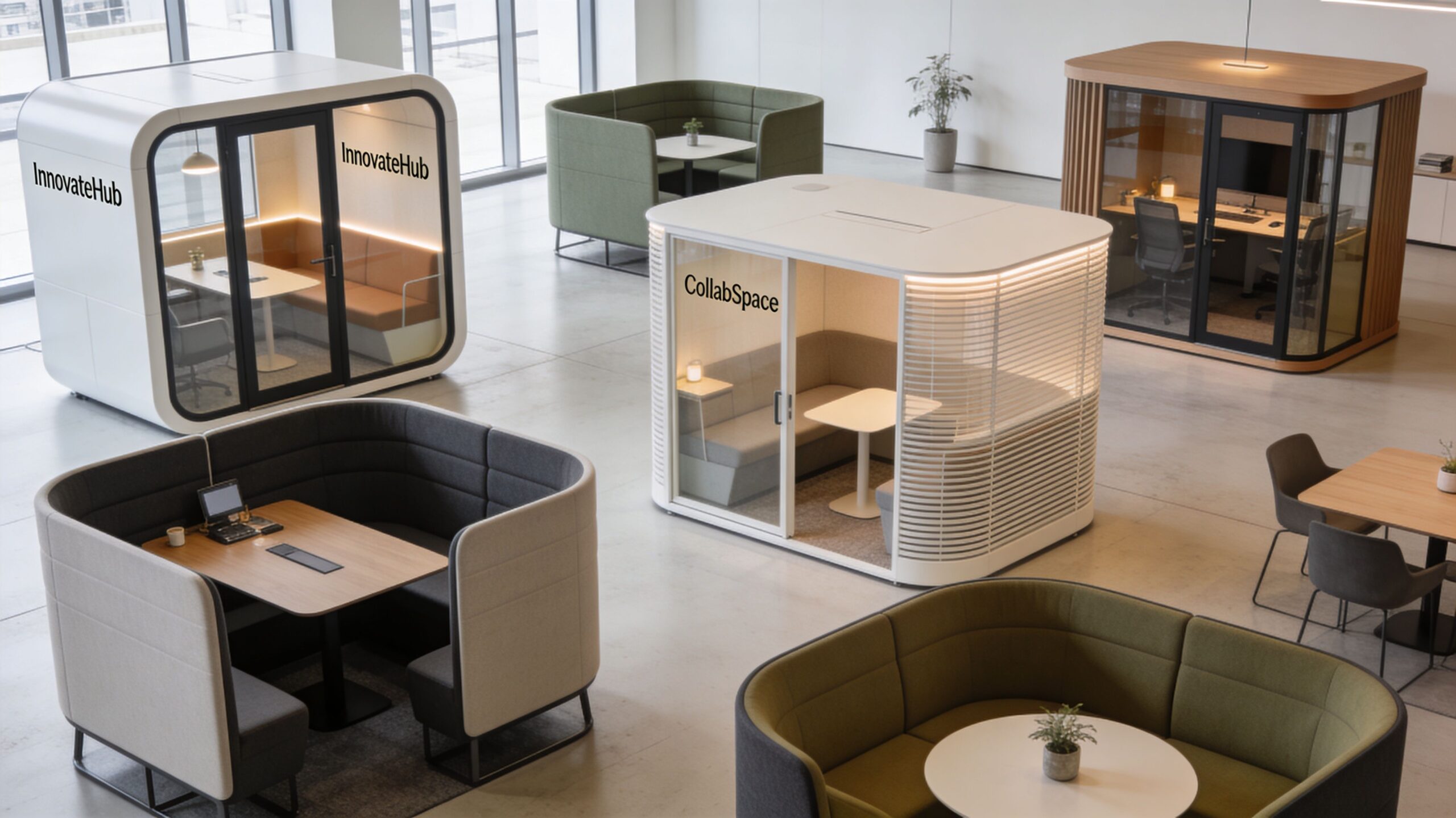 a selection of pods and booths with office furniture available to purchase