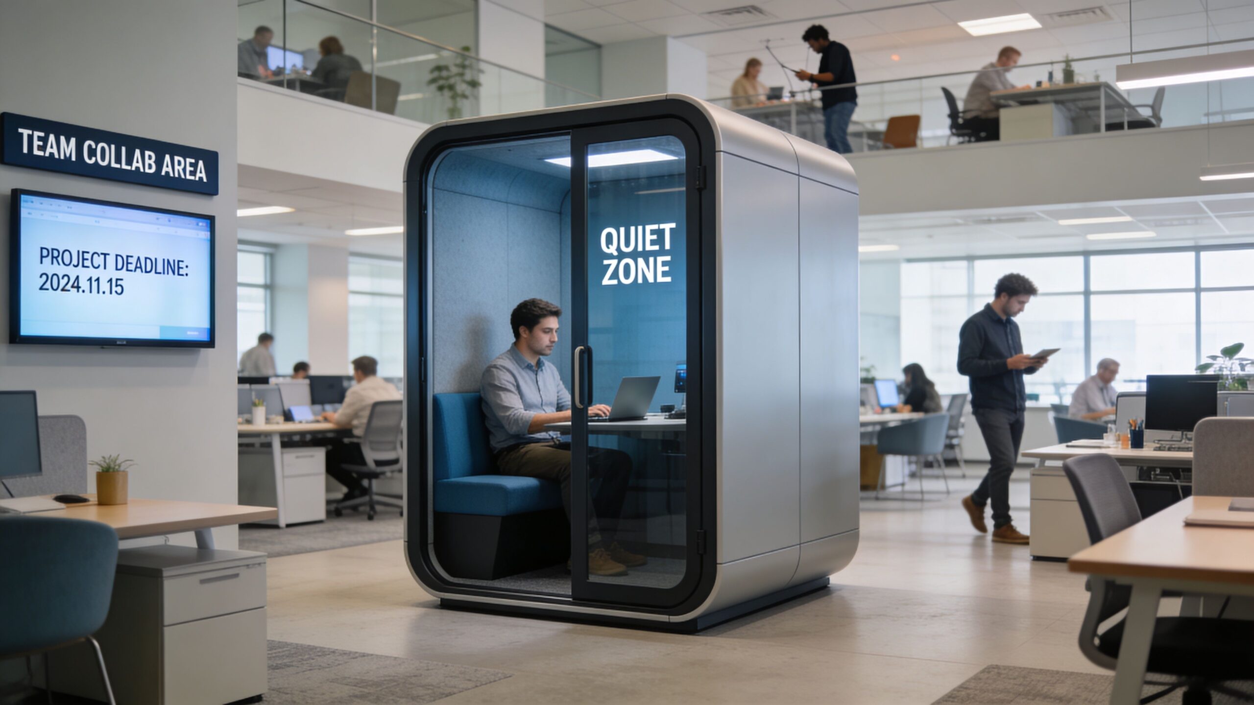 open plan office with man sitting inside pod working on his computer