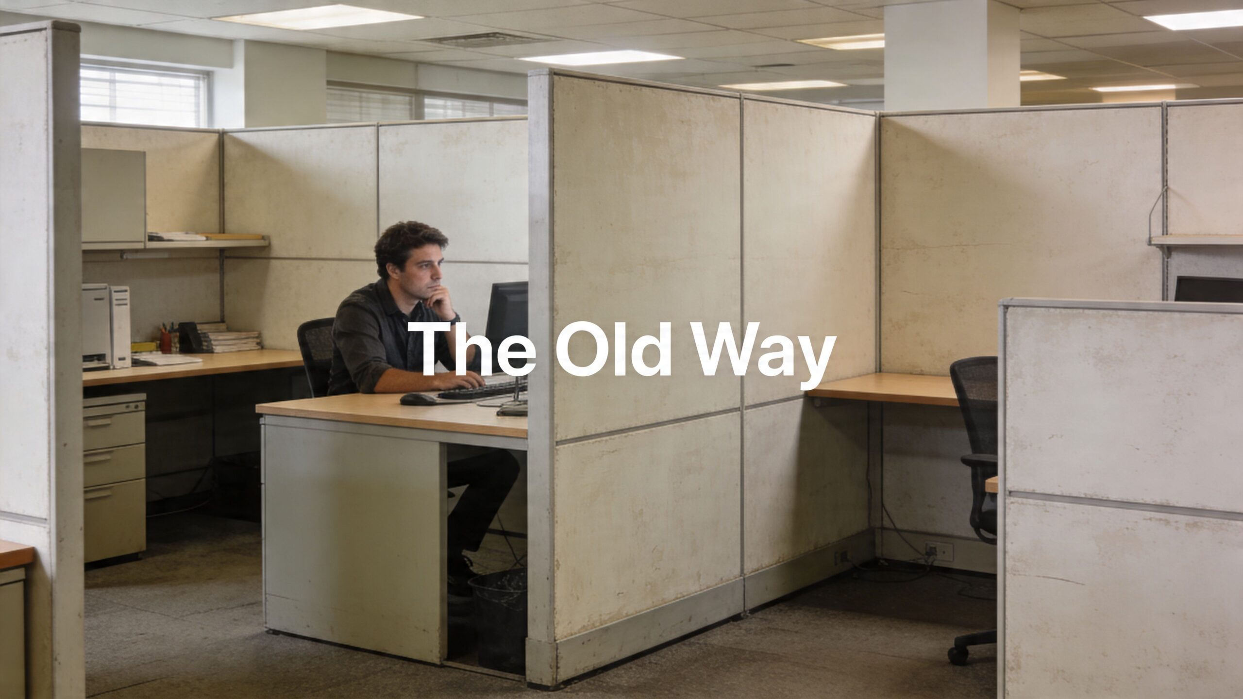 man sitting in partitioned office cubicle