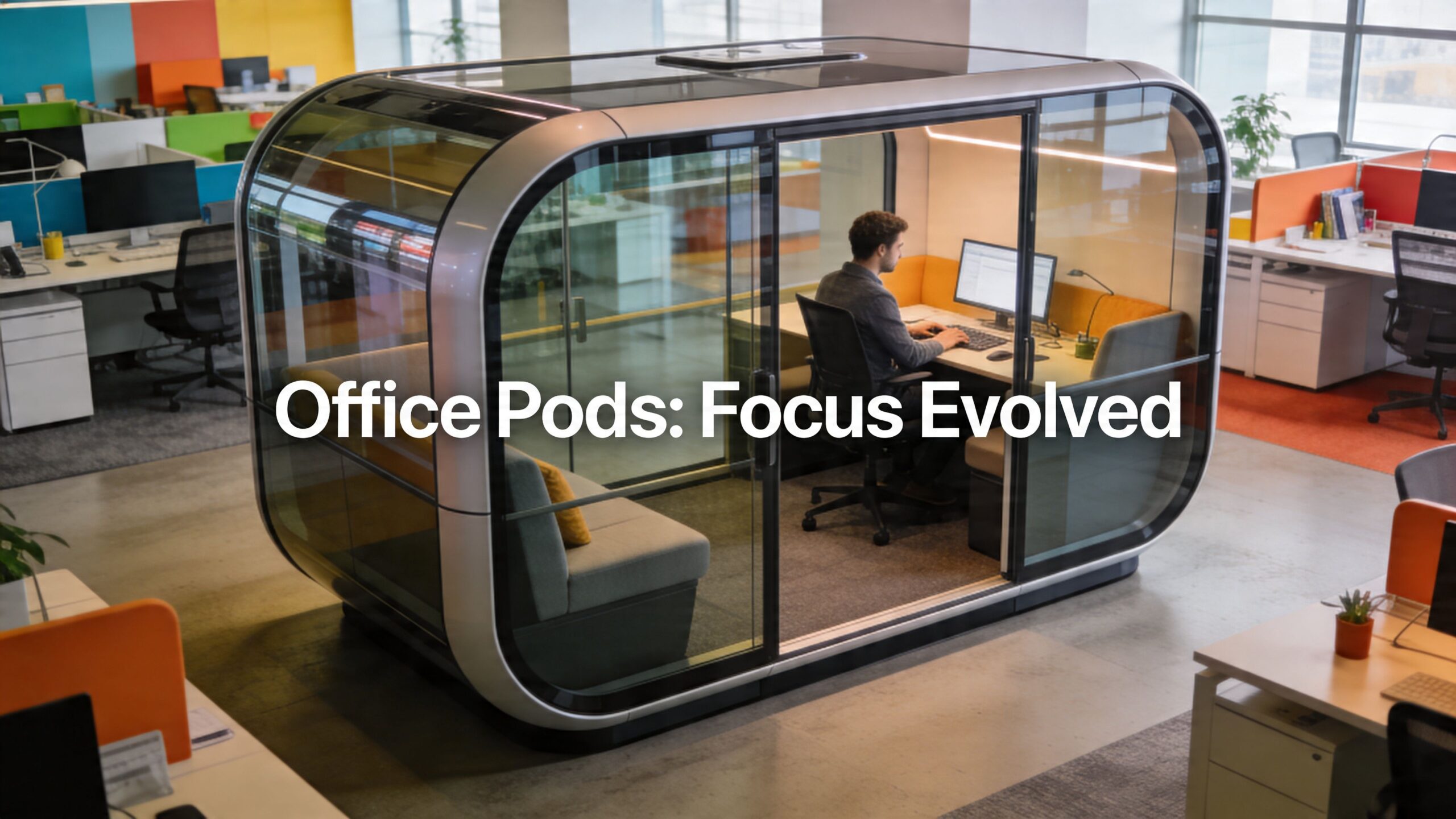 man sitting in modern office pod in open plan office