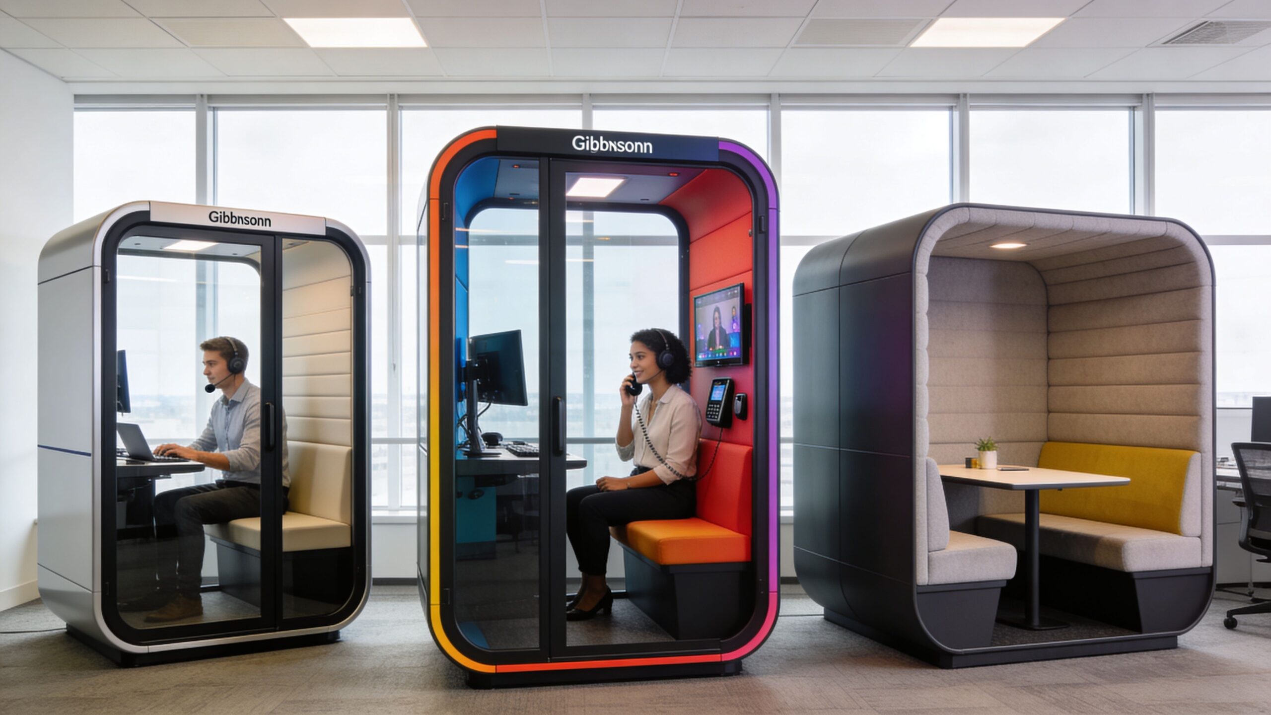three office pods providing sound proof space for privacy and a better work environment