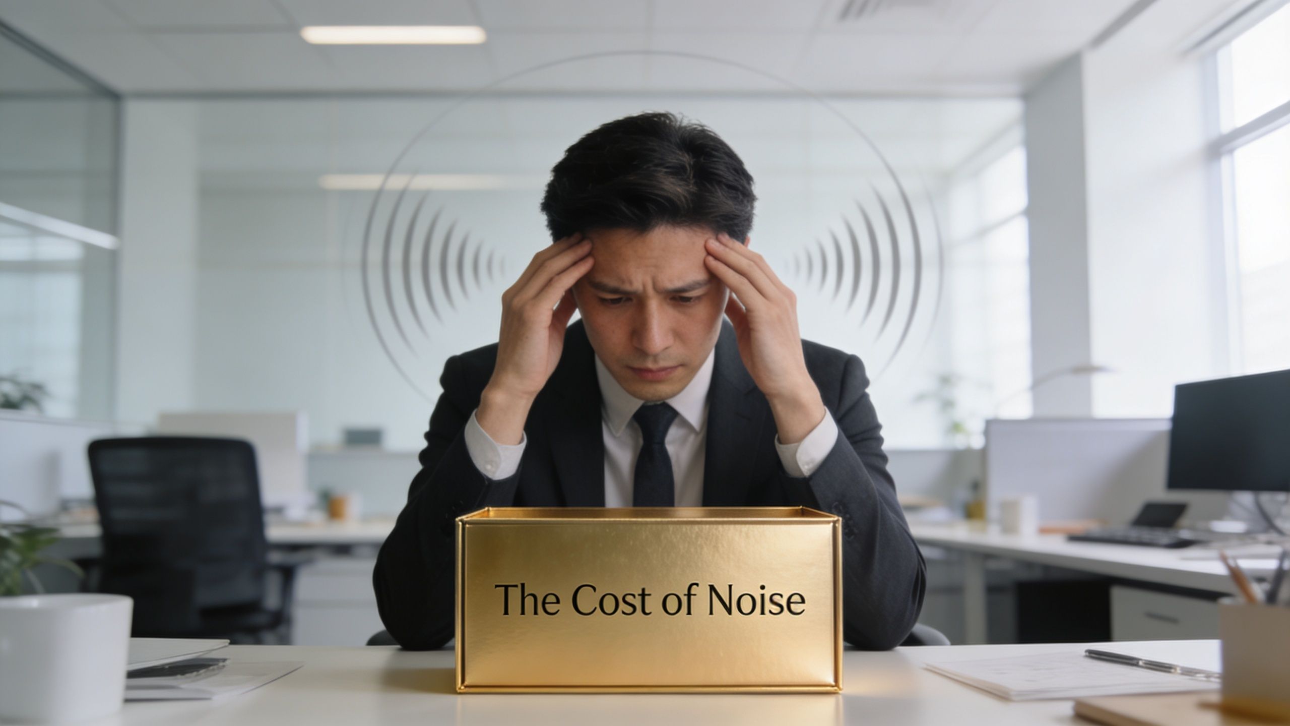 man holding his head in his hands due to noise causing stress in the office environment