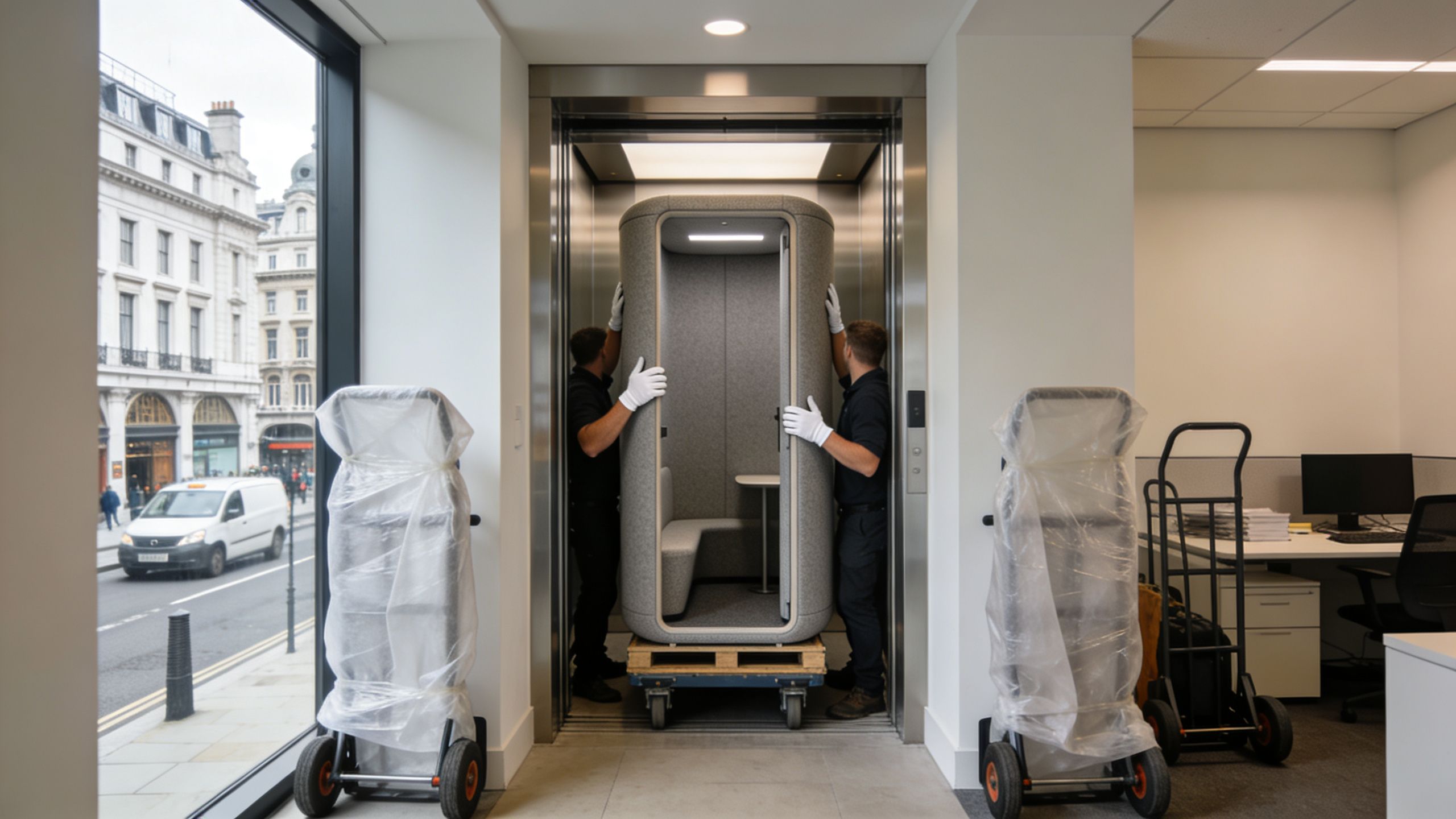two men moving office booth into a lift for installation in a London office
