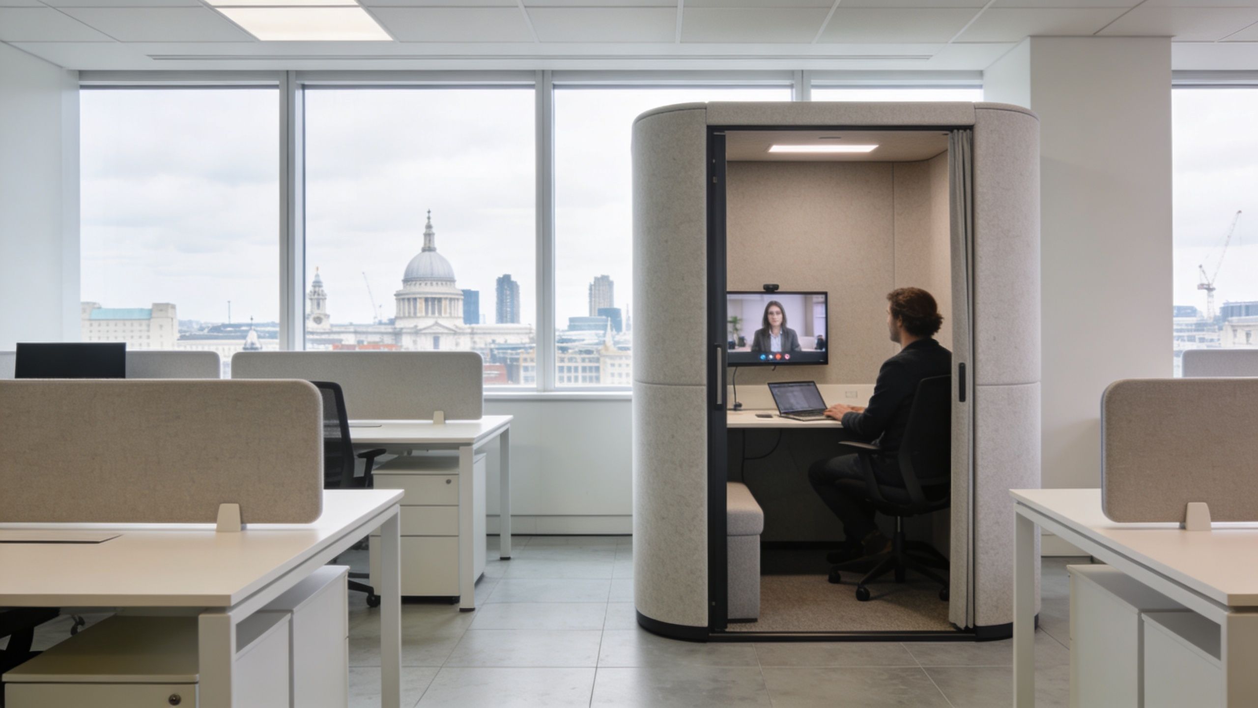 man on video call in office pod in open plan area overlooking St Paul's Cathedral in London