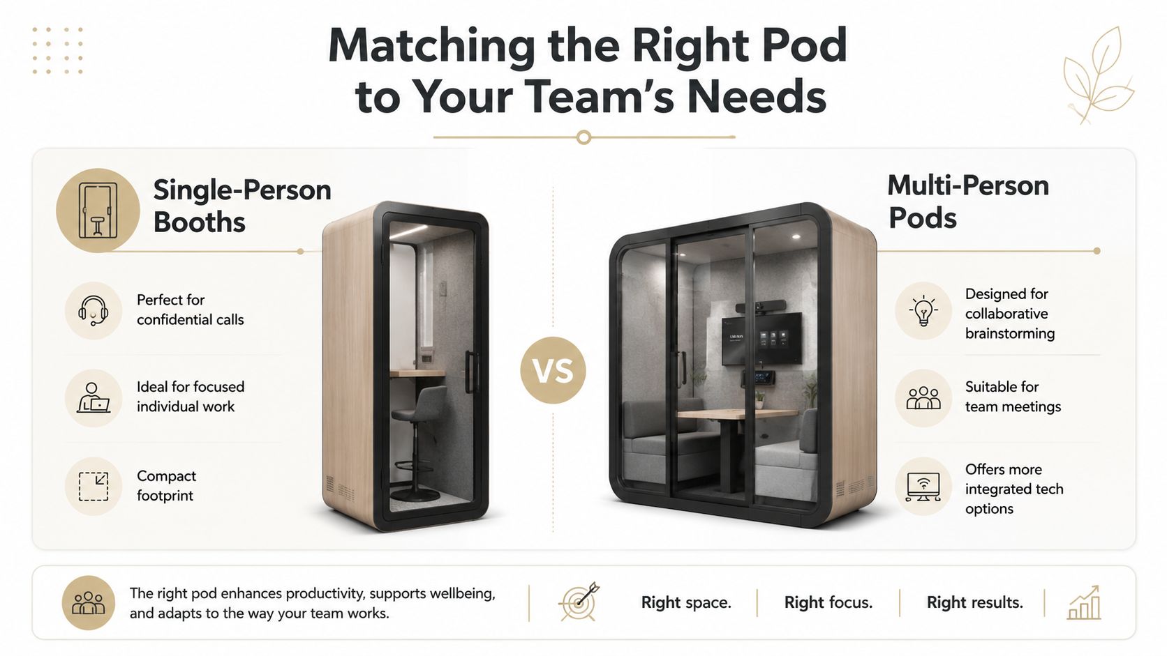 infographic describing how to match your team's needs with the right office pod