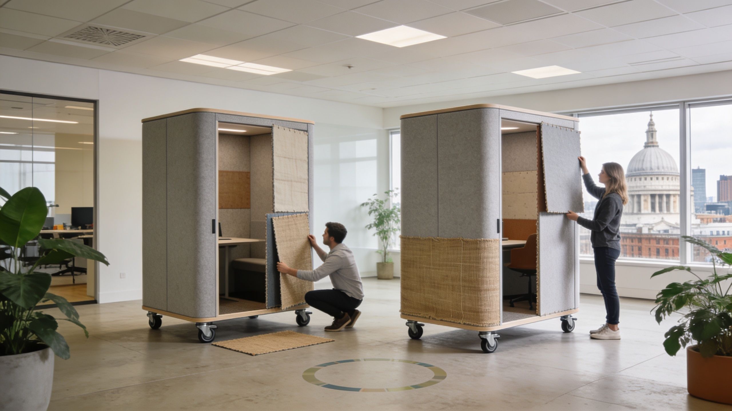two people looking at office pod materials in London office space