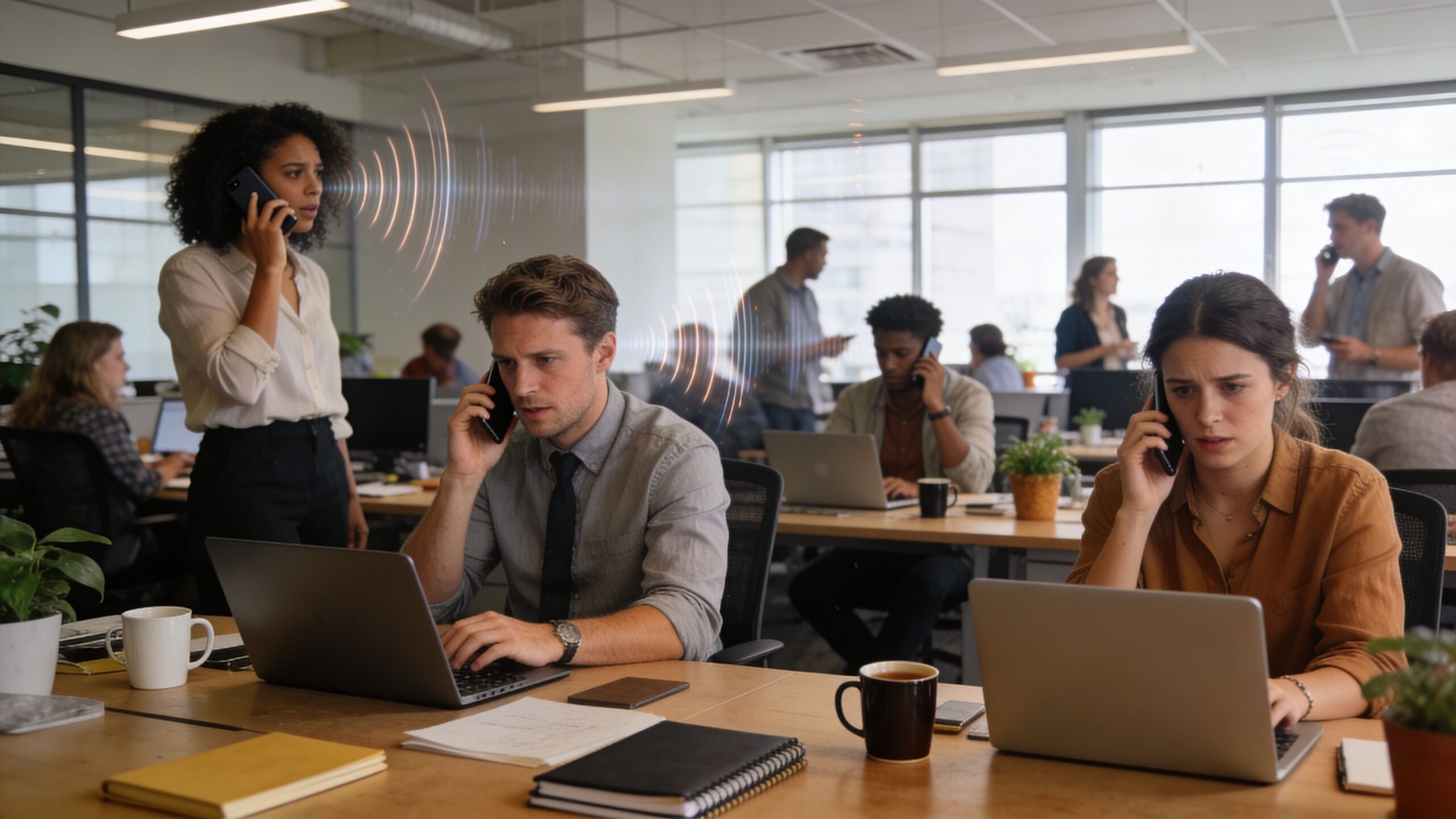 people working and on telephone calls in an open plan office space
