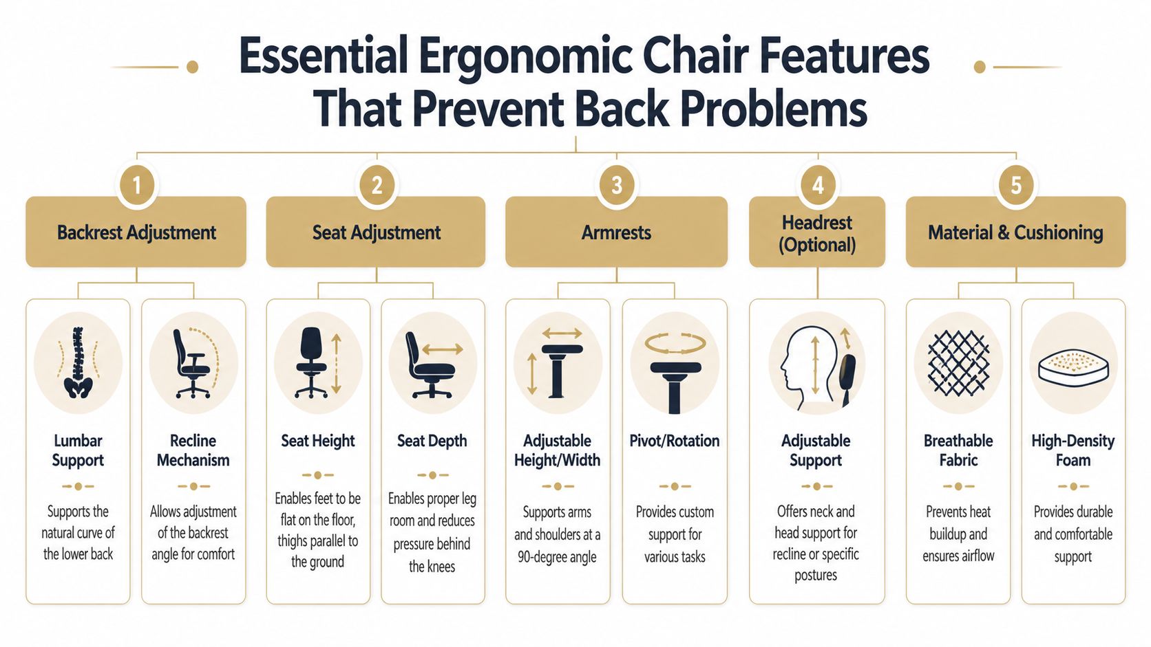 chairs-for-back-problems-ergonomic-features infographic showing the essentials of ergonomic chair design to prevent back problems