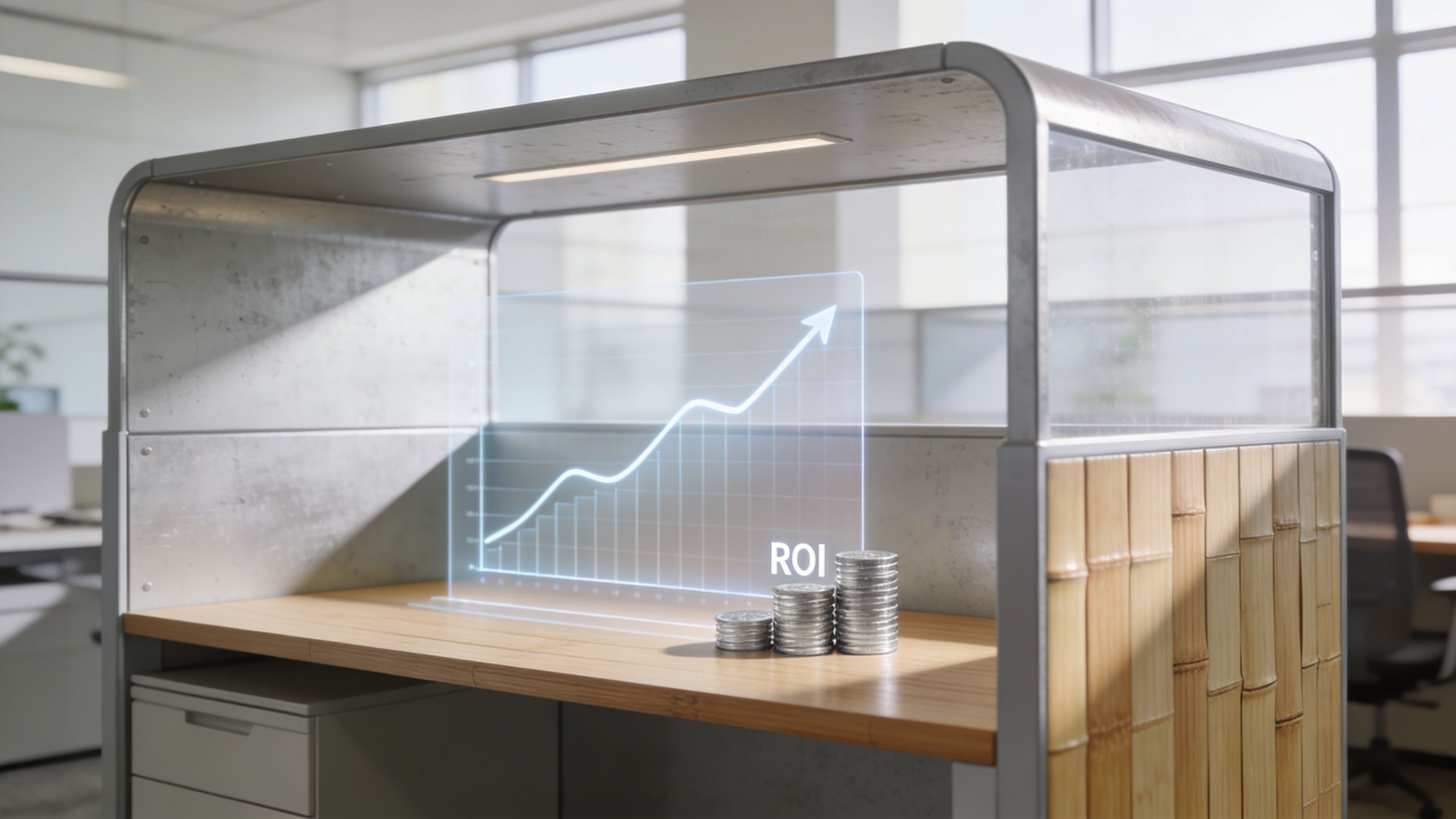 chairs-for-back-problems-roi-growth computer screen in pod showing return on investment for ergonomic chairs