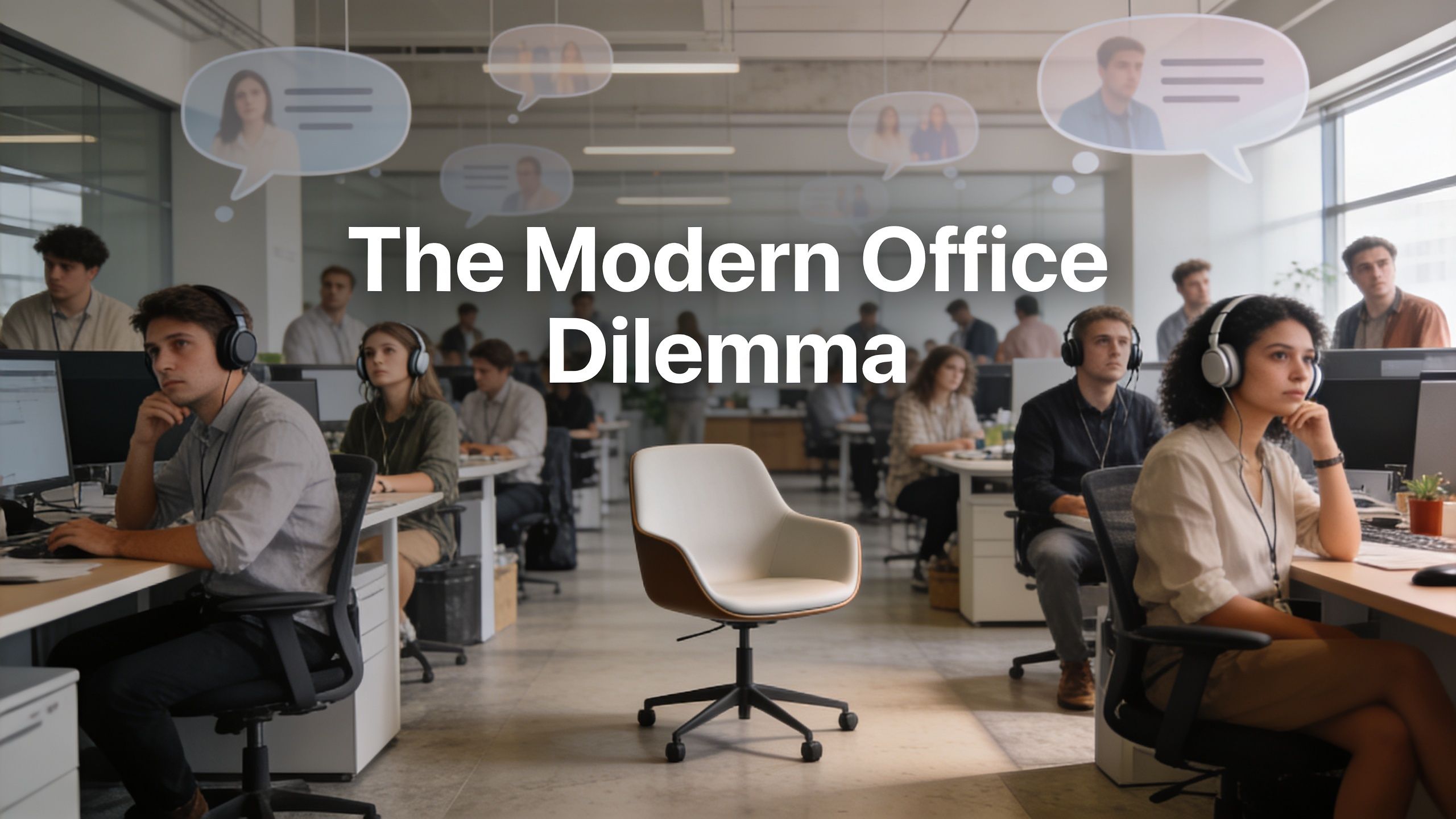 people working in an open plan office space, some wearing headphones with a chair in the middle of the space