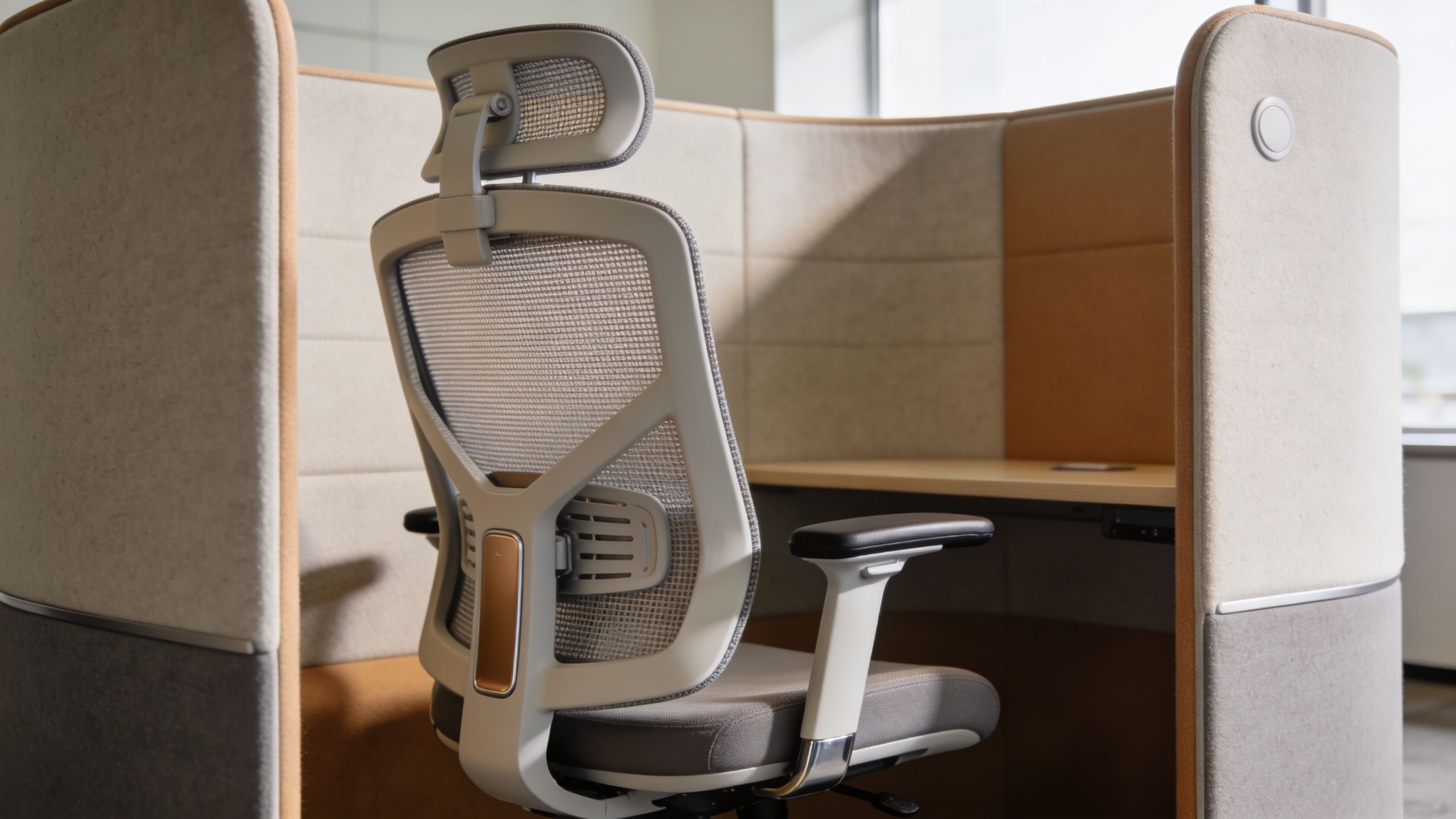 office chair beside a desk in a booth