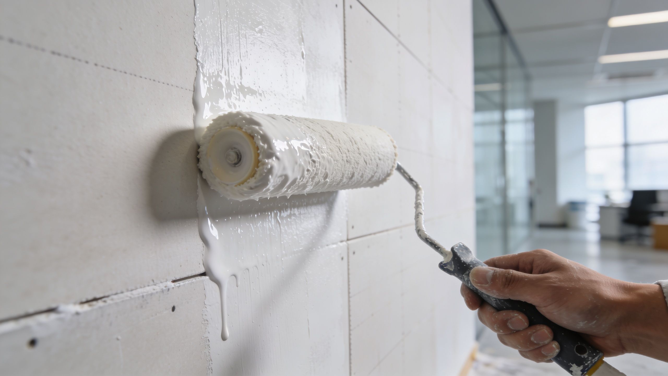 how-to-paint-onto-plasterboard-paint-roller painting white paint with a roller brush on a plasterboard