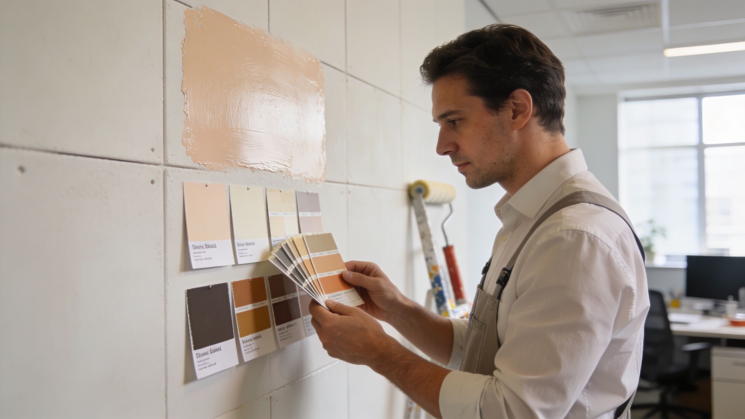 how-to-paint-onto-plasterboard-painter-choosing man standing beside a plaster board selecting colours from a paint chart