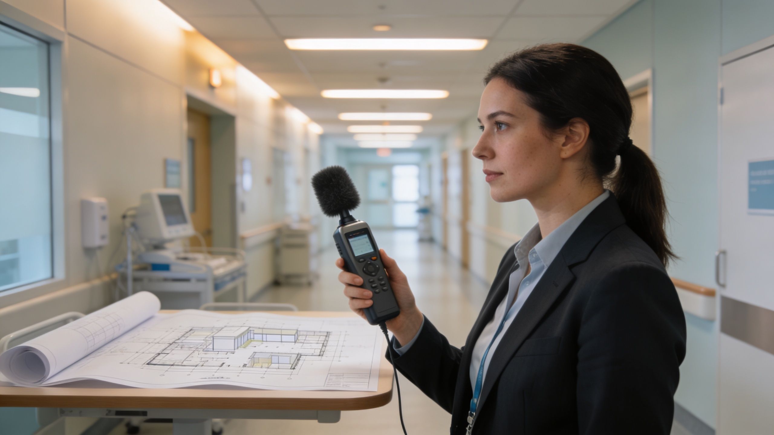 woman in hospital corridor measuring acoustics
