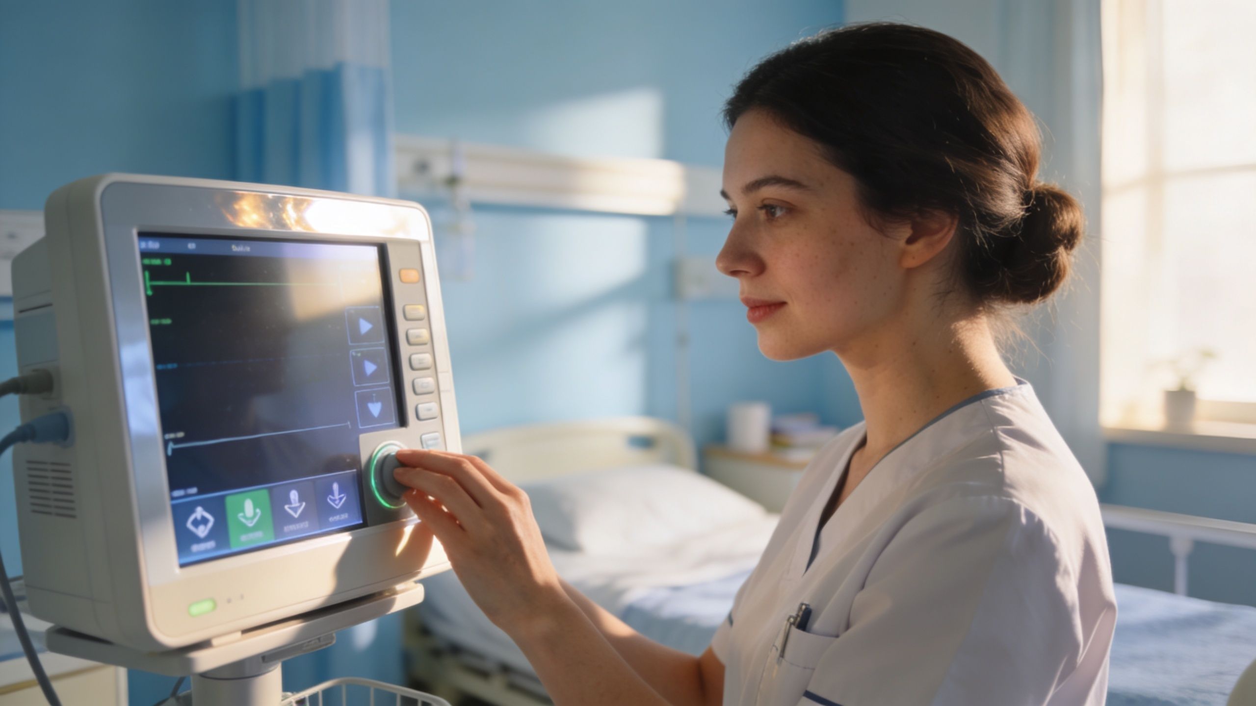 nurse using a monitor beside a bed in a hospital ward