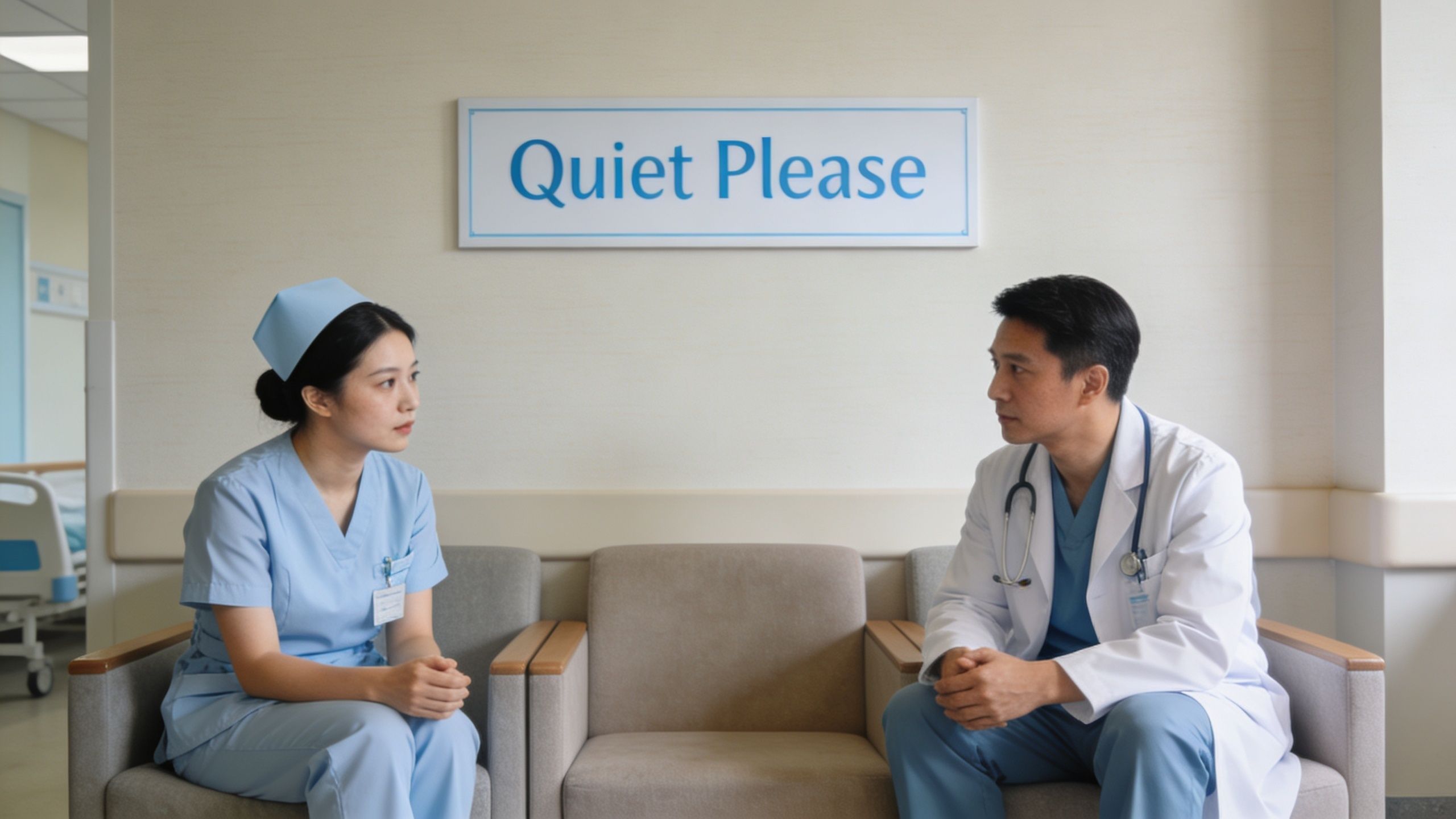 nurse and doctor in seated quiet place area of hospital