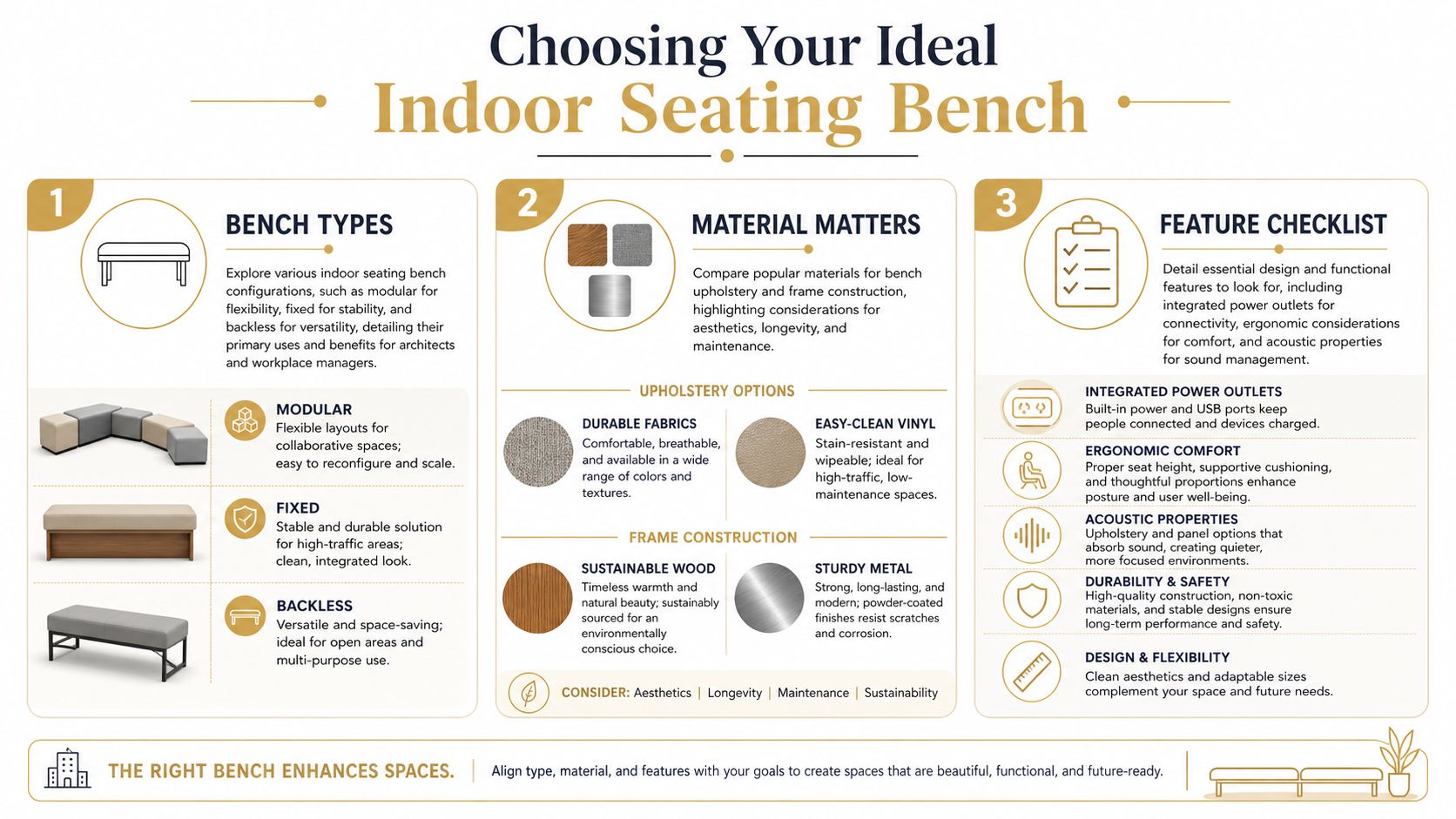 infographic with suggestions for choosing our ideal indoor seating bench