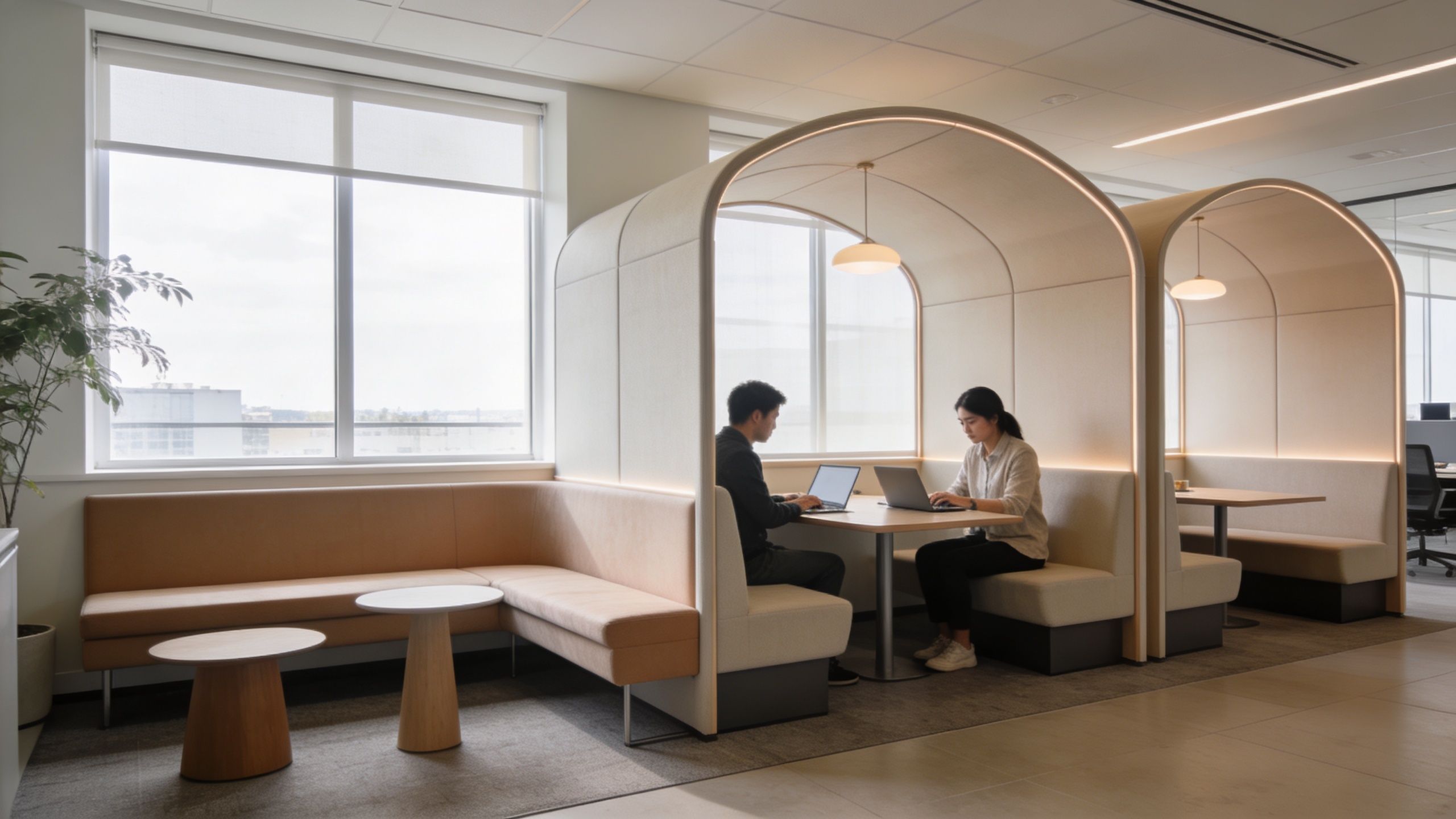 two people sitting on benches inside an office booth