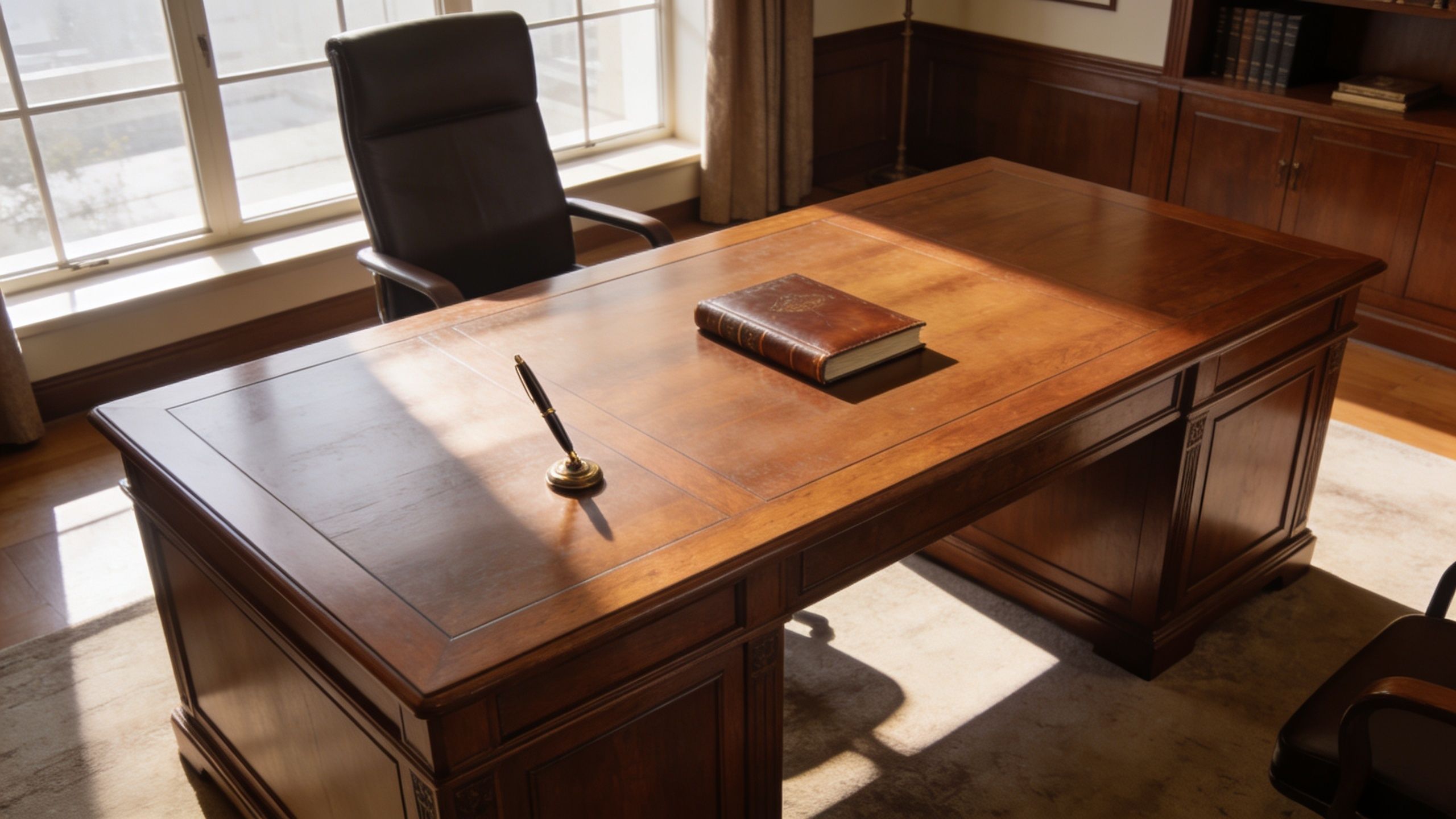 large-wood-desk-executive-office large wooden desk in executive office
