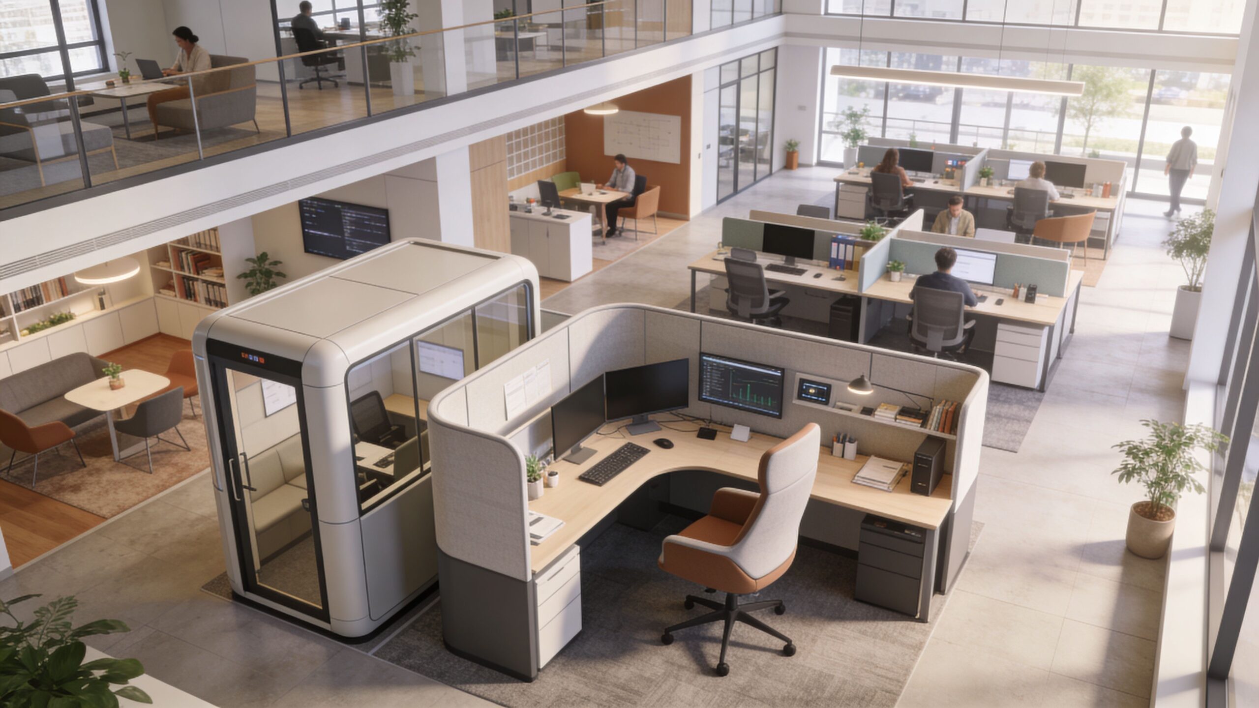open plan office space with pods and booths