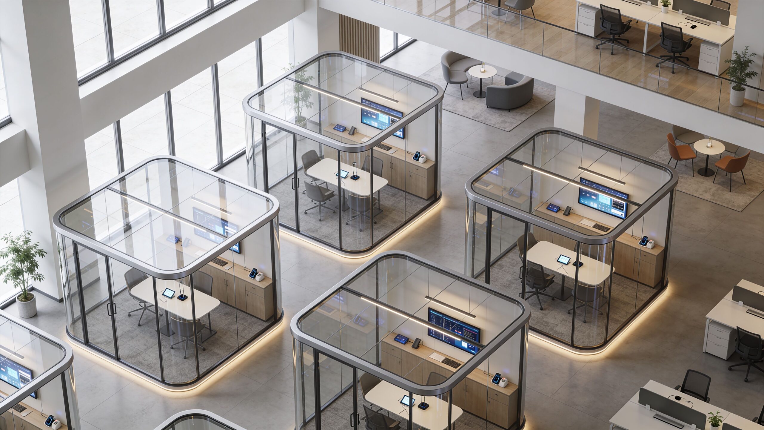 open plan office space with numerous glass office pod spaces