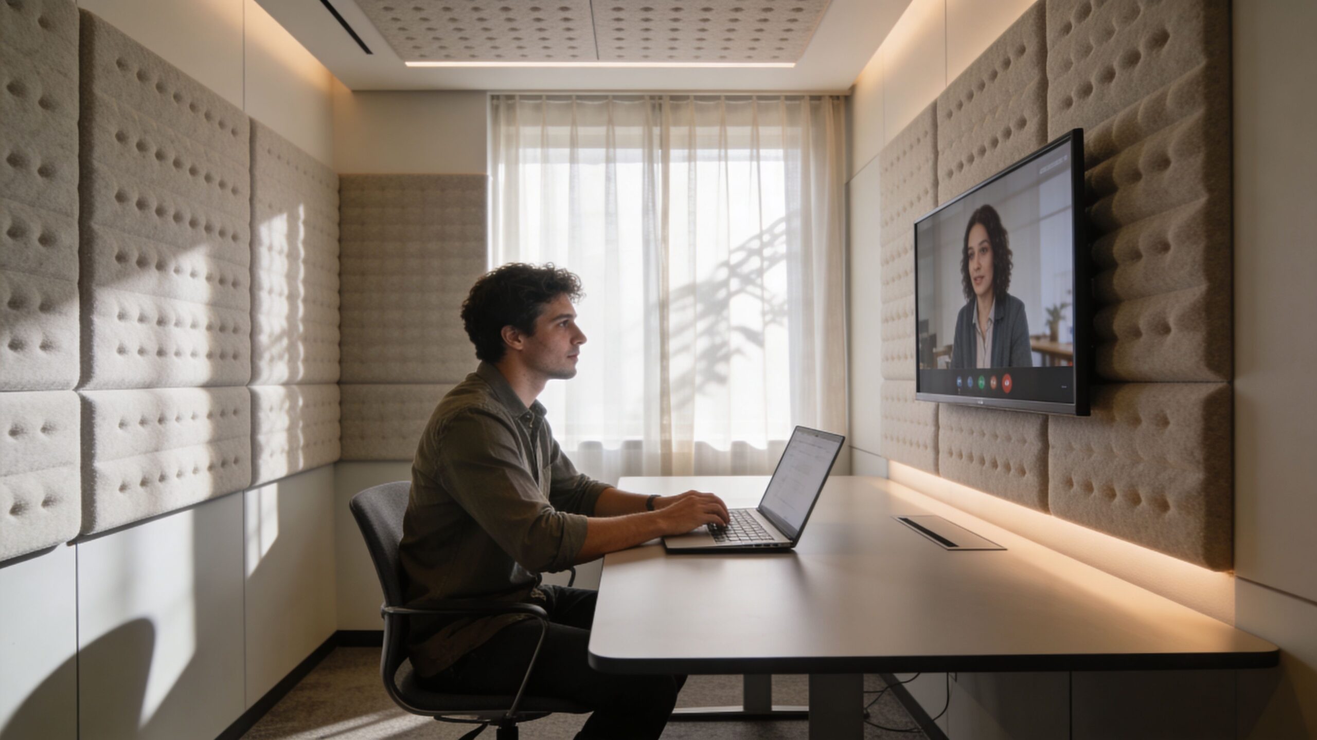 man sitting at desk on a video conference call