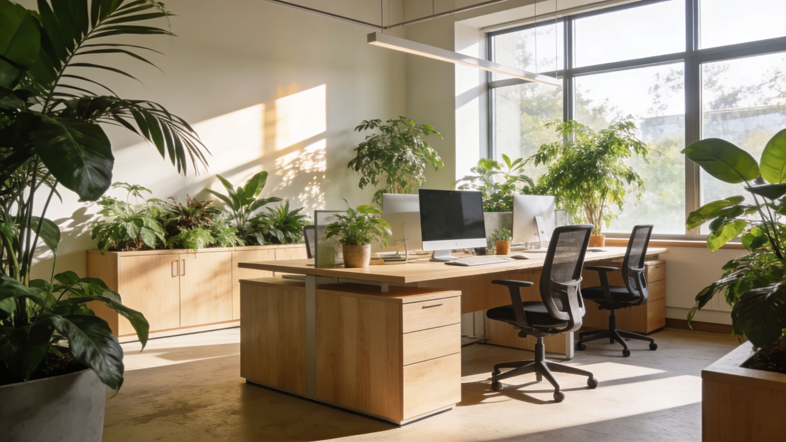 open plan office space with desks and chairs, plus a number of plants which help provide good air quality for workers
