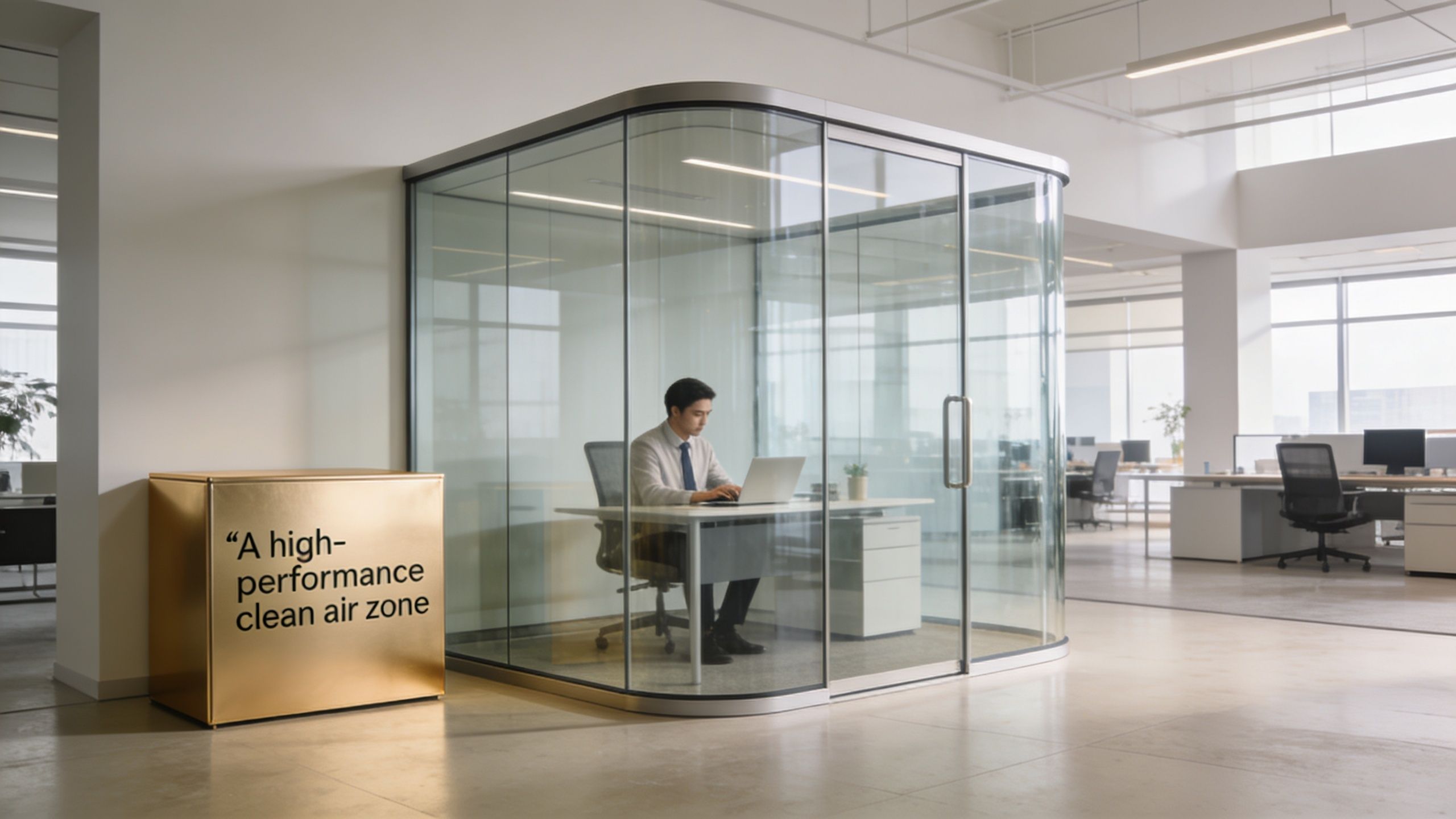 man working inside high quality air office pod