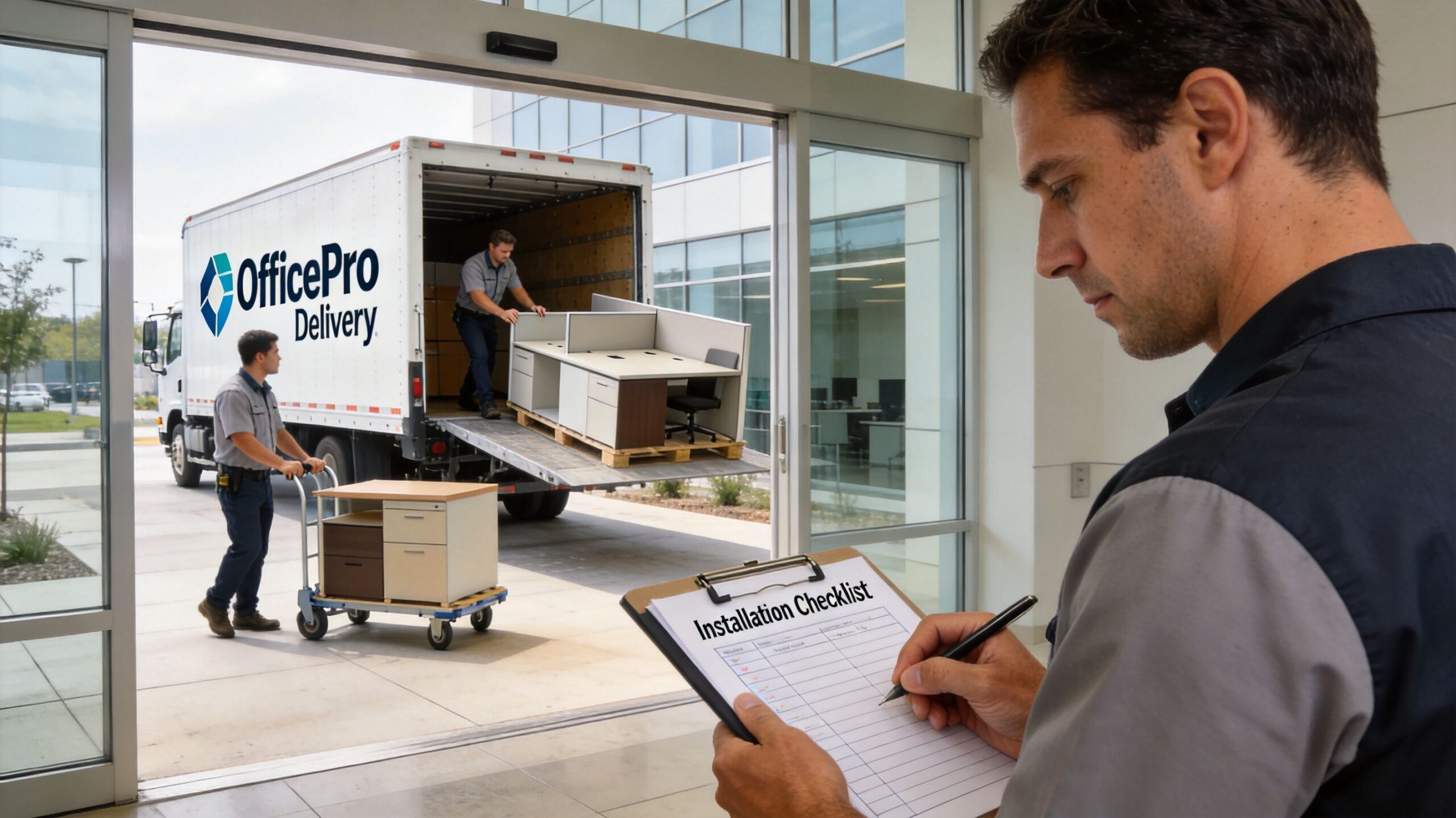 man with checklist as new office furniture is unloaded from a van