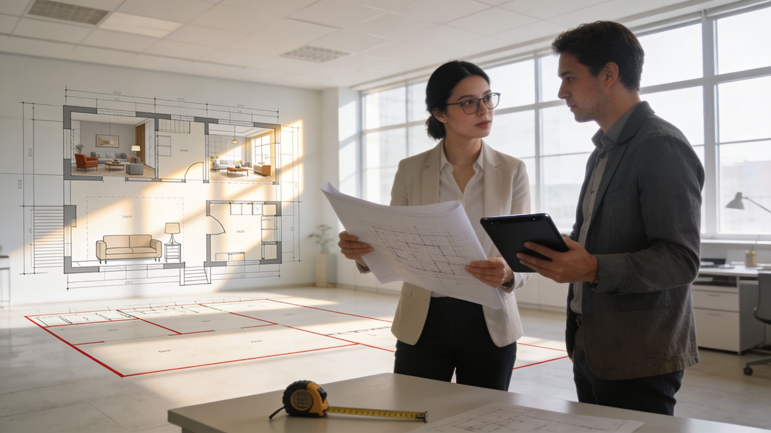 two people looking at interior office design plans