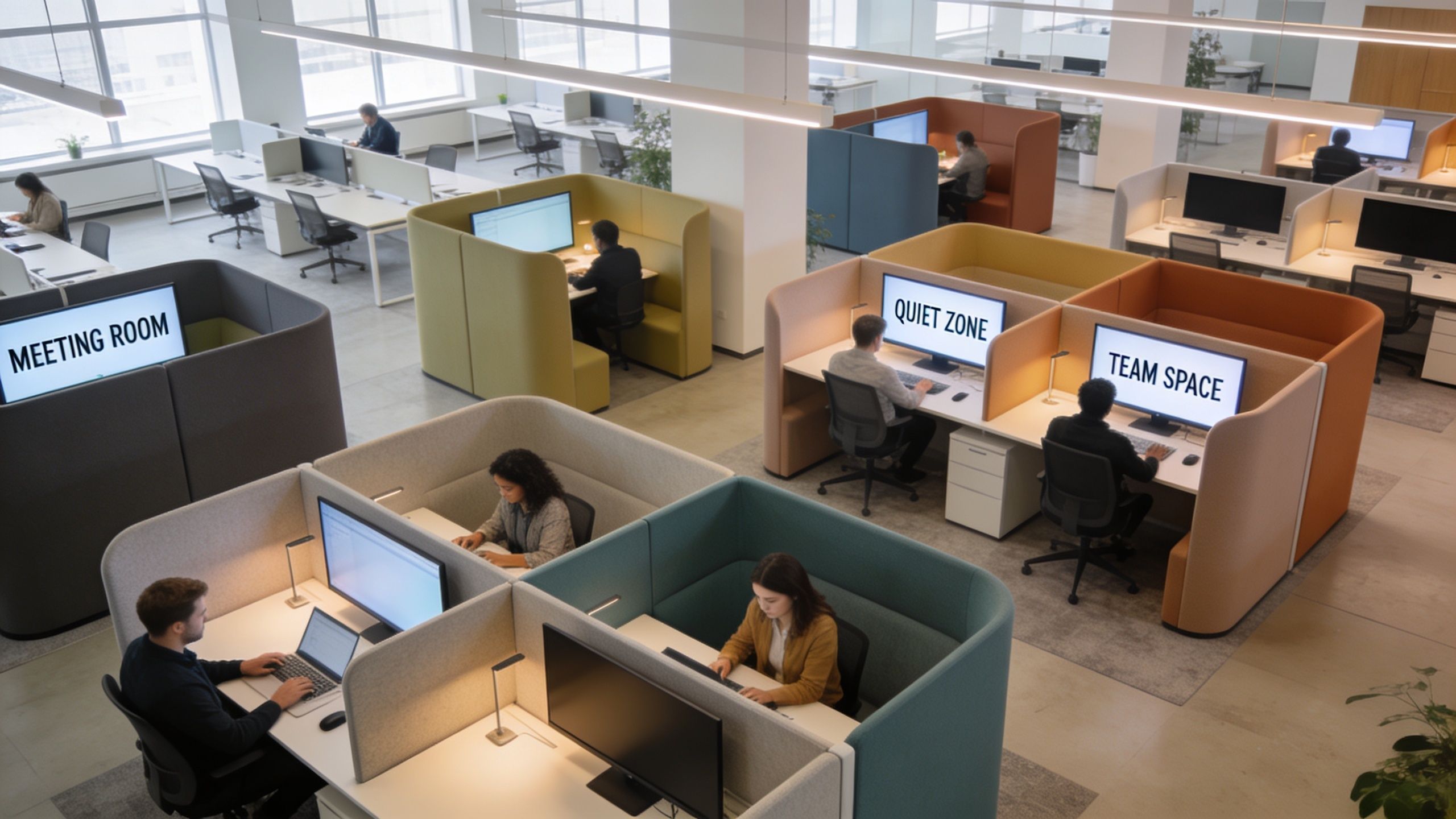 people at desks in open plan office with booths and dividers