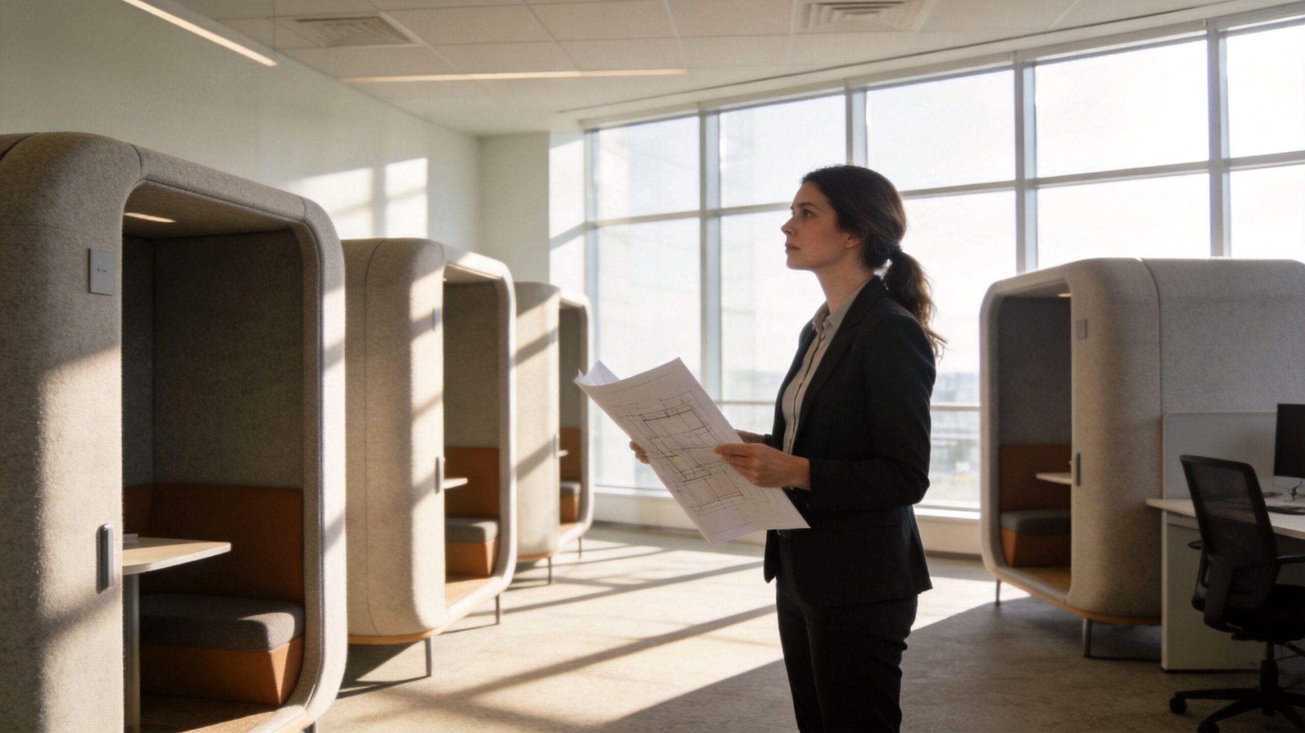 architect with office design plans beside a few office pods