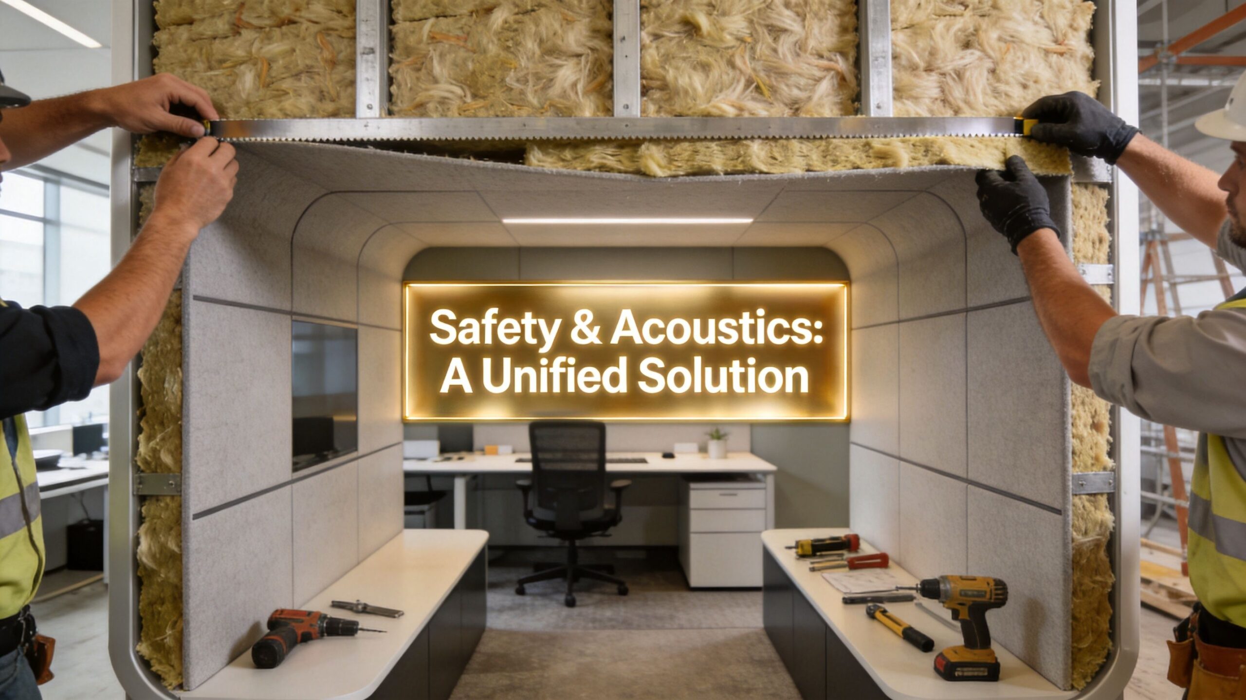men installing rockwool fire cavity barrier in an office pod