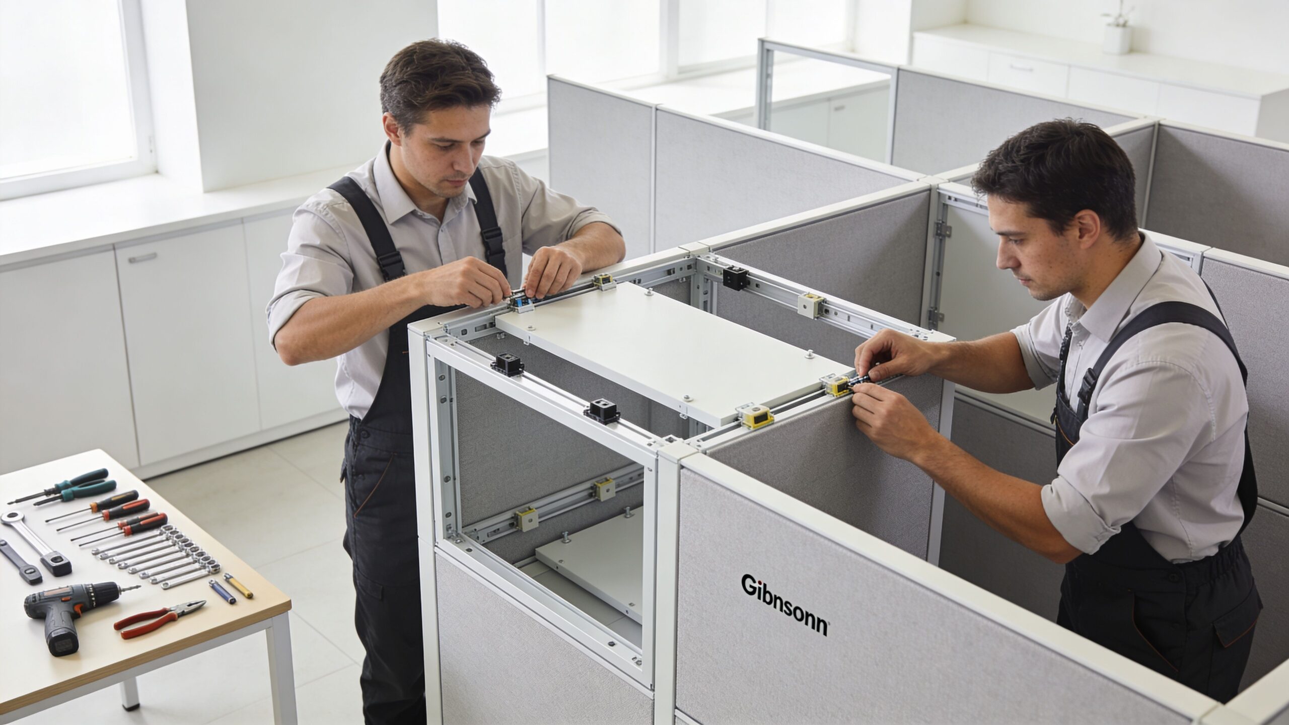 two men assembling pods in a London office space