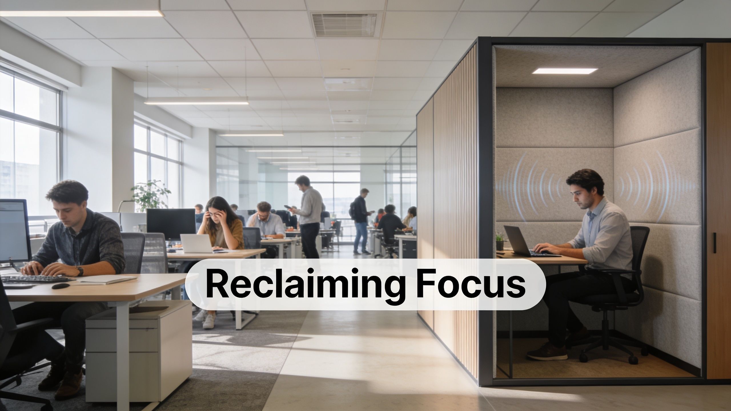man working in office beside beside busy open plan office area with others working at their desks