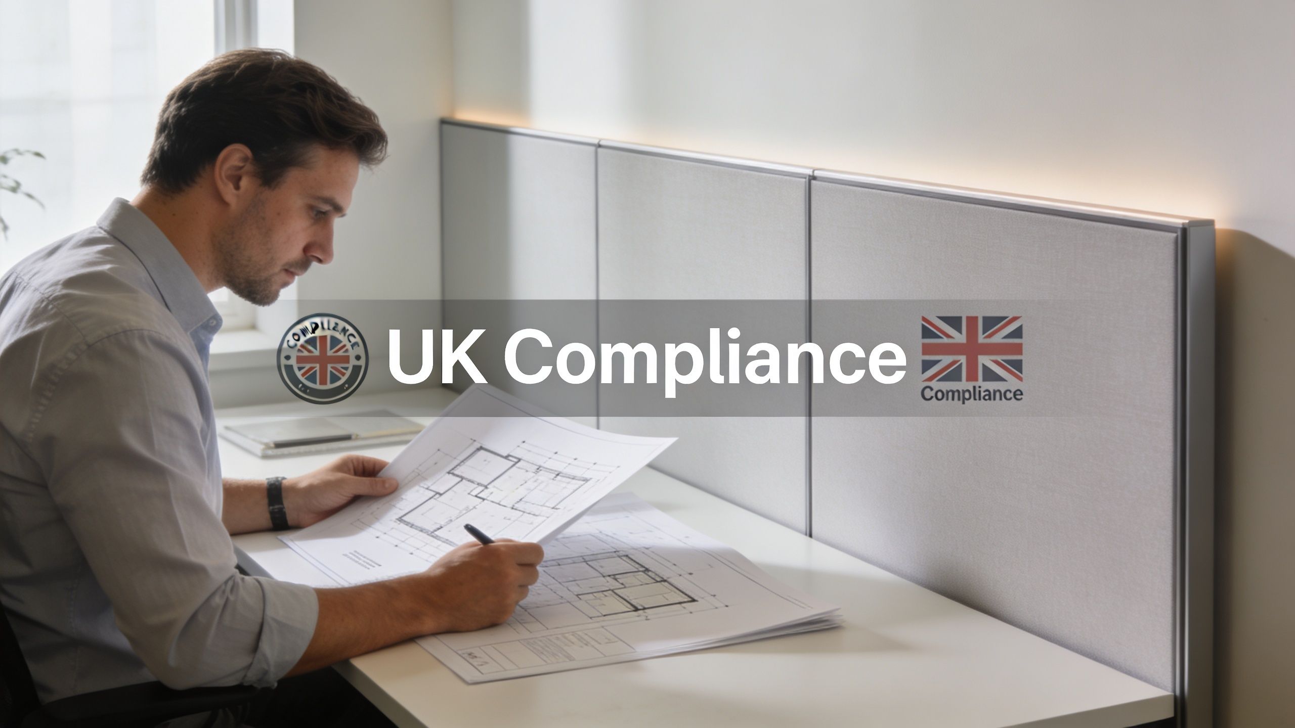 architect sitting at a desk with office plans for UK compliance