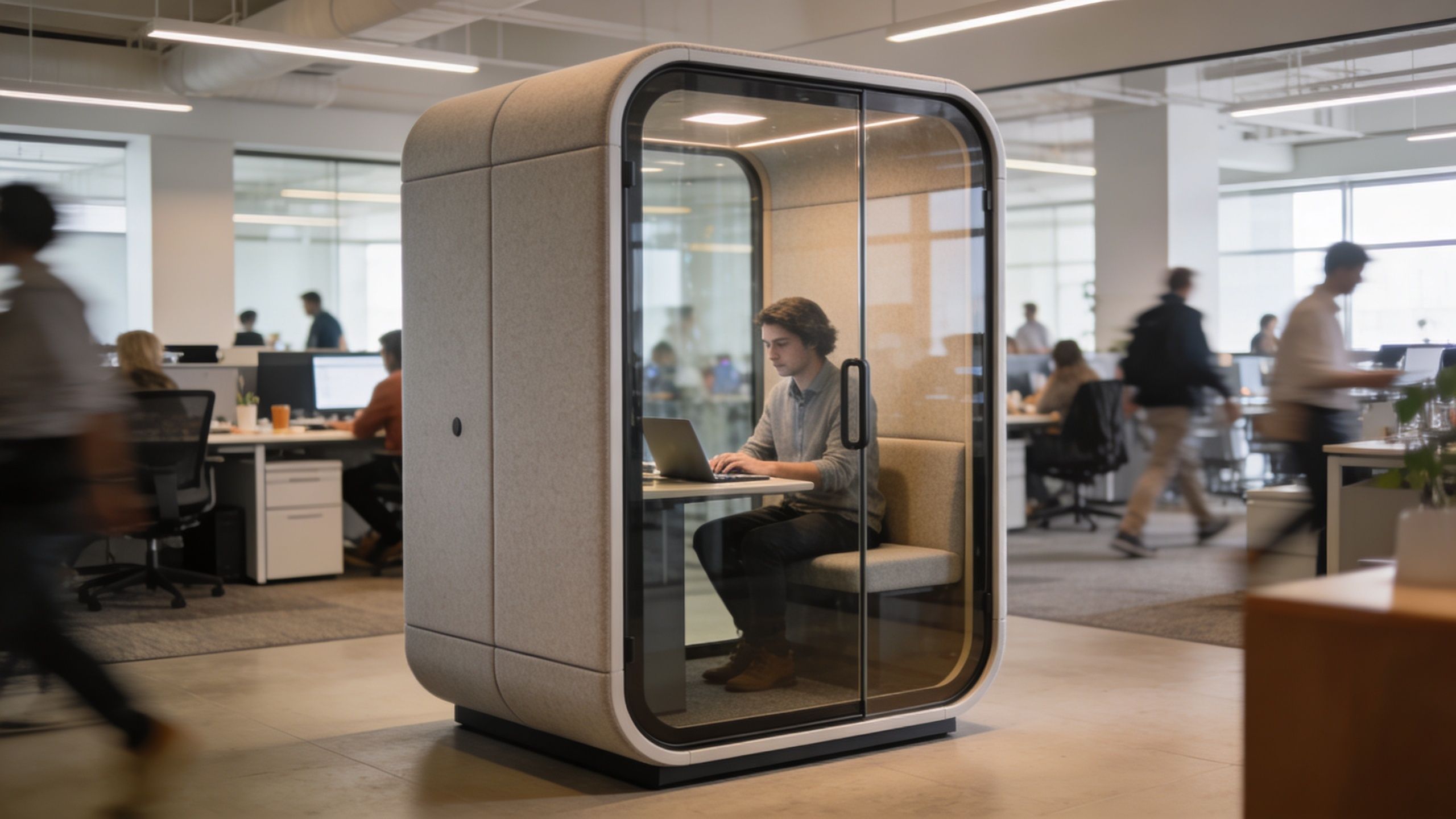 man working inside a soundproofed acoustic pod